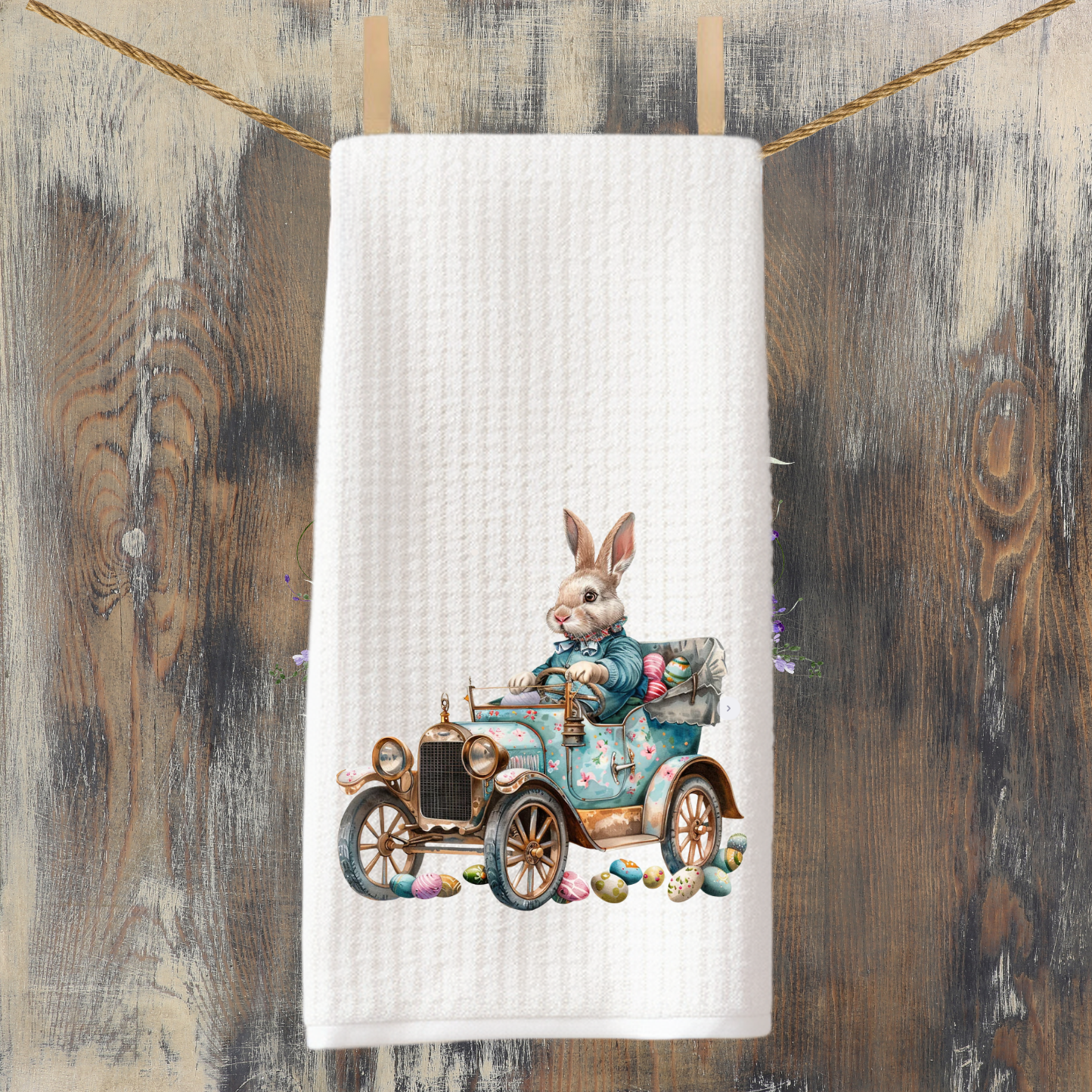 Easter Bunny Vintage Car Waffle Weave Tea Towel