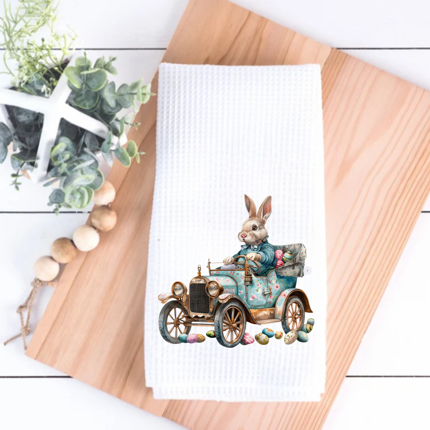 Easter Bunny Vintage Car Waffle Weave Tea Towel