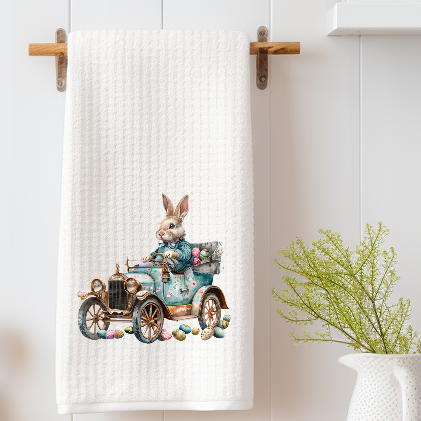 Easter Bunny Vintage Car Waffle Weave Tea Towel
