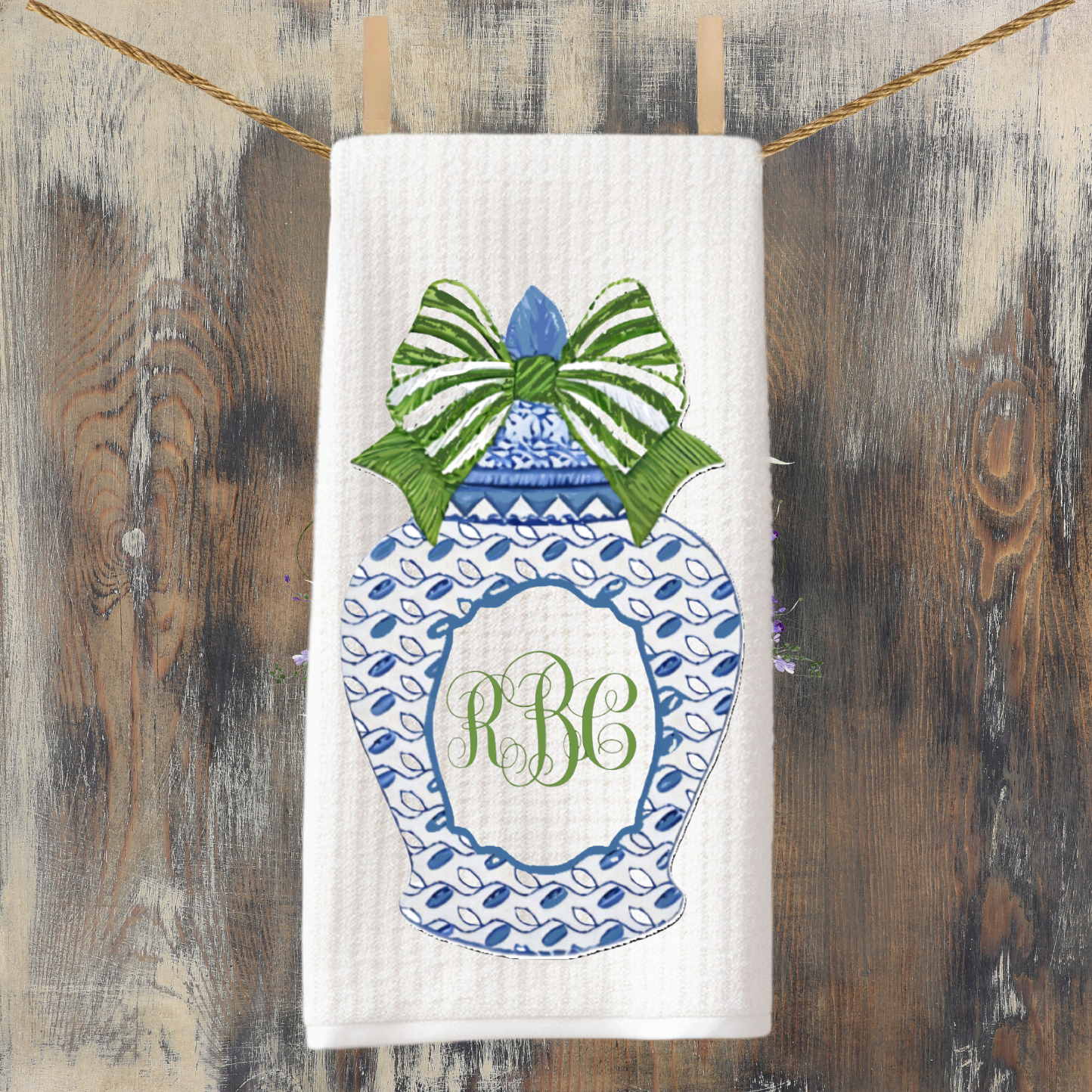 Blue Ginger Jar Monogram Tea Towel
