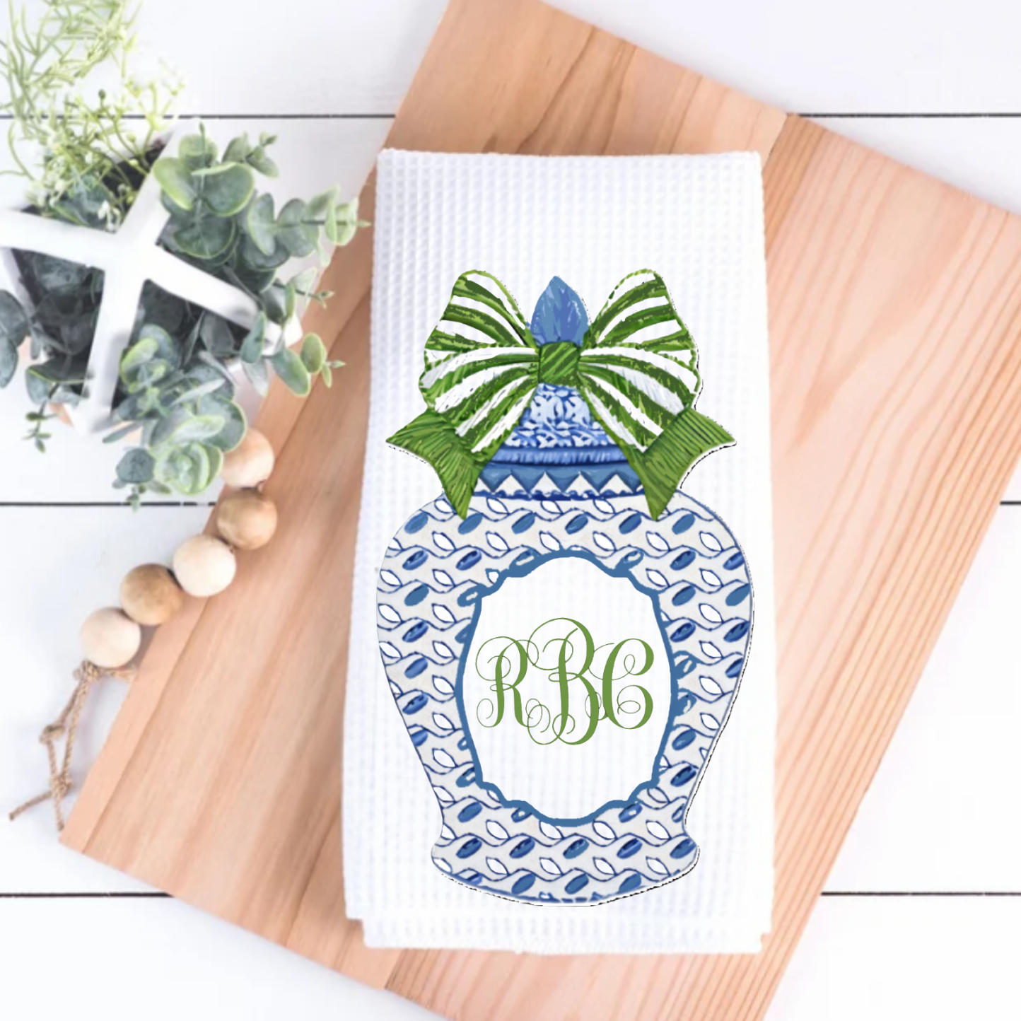 Blue Ginger Jar Monogram Tea Towel