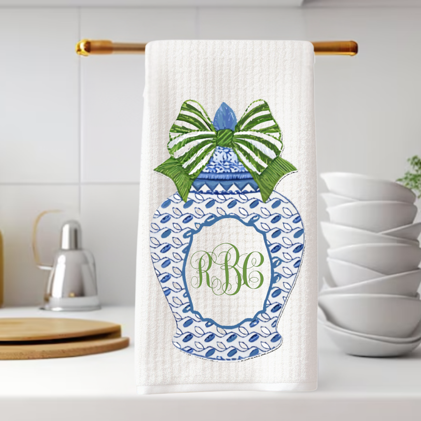 Blue Ginger Jar Monogram Tea Towel
