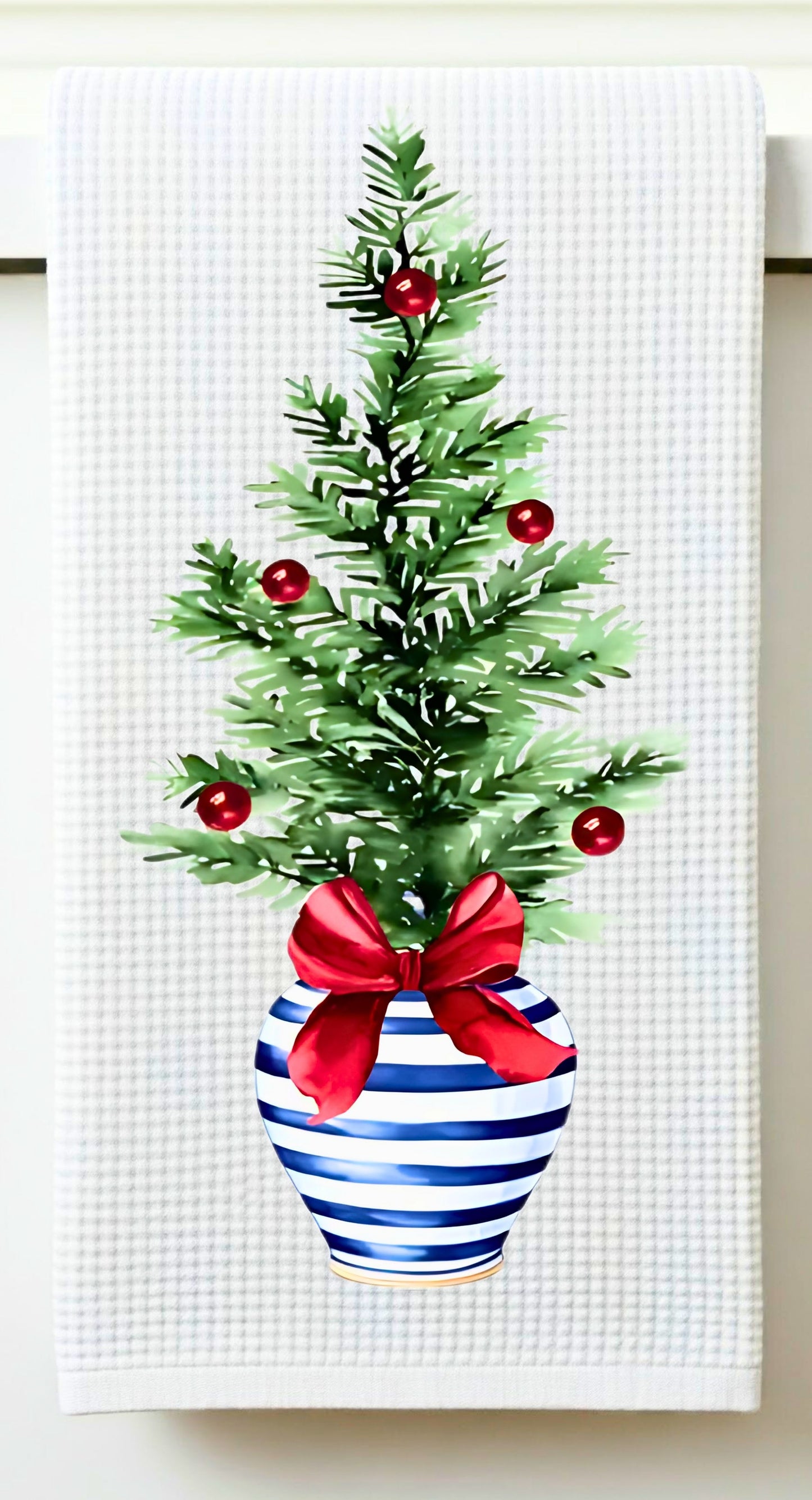 Blue & White Christmas Tree Dish Towel – Waffle Weave or Flour Sack