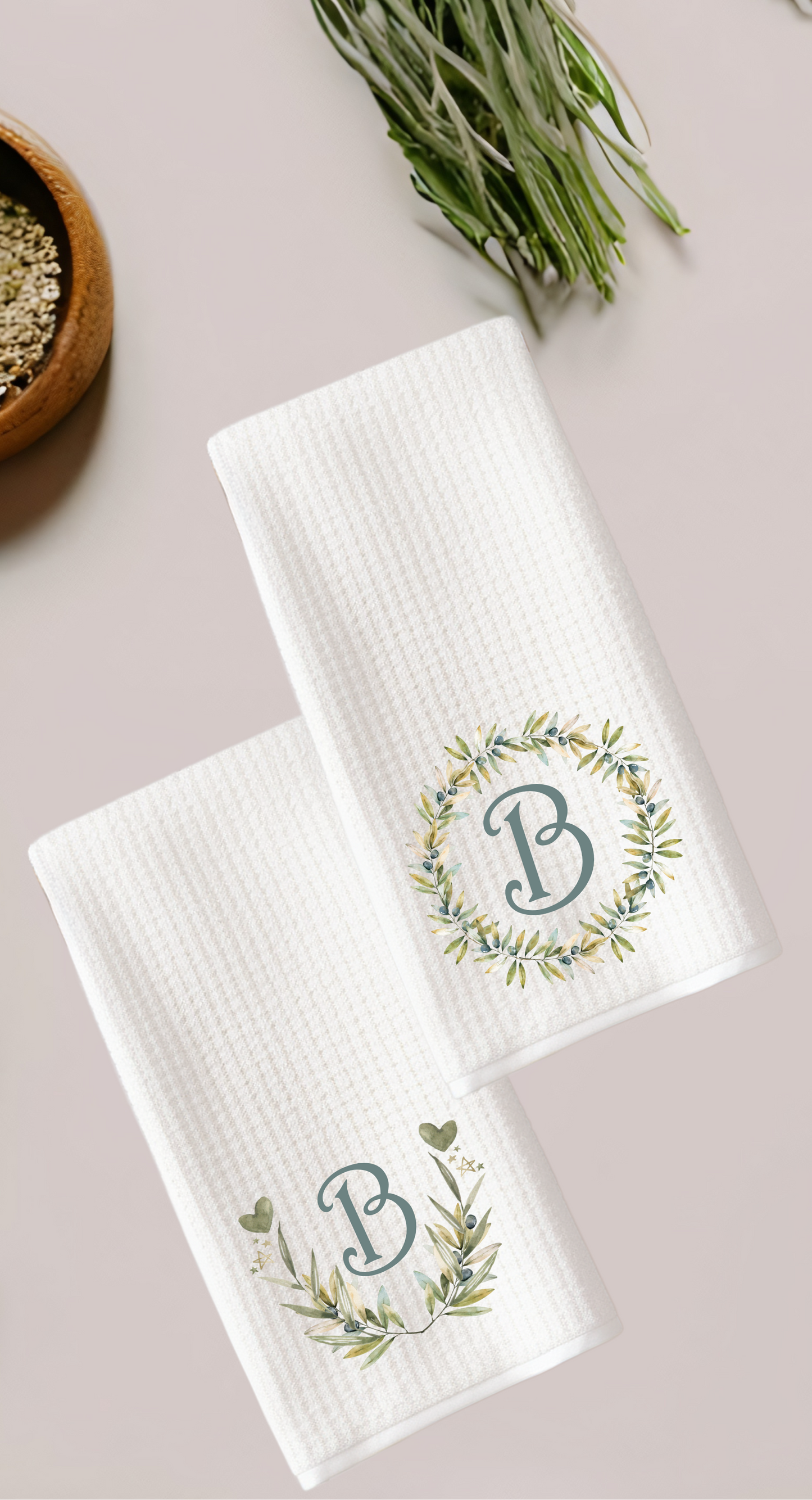 Personalized Monogram Wreath Tea Towels - Set of Two