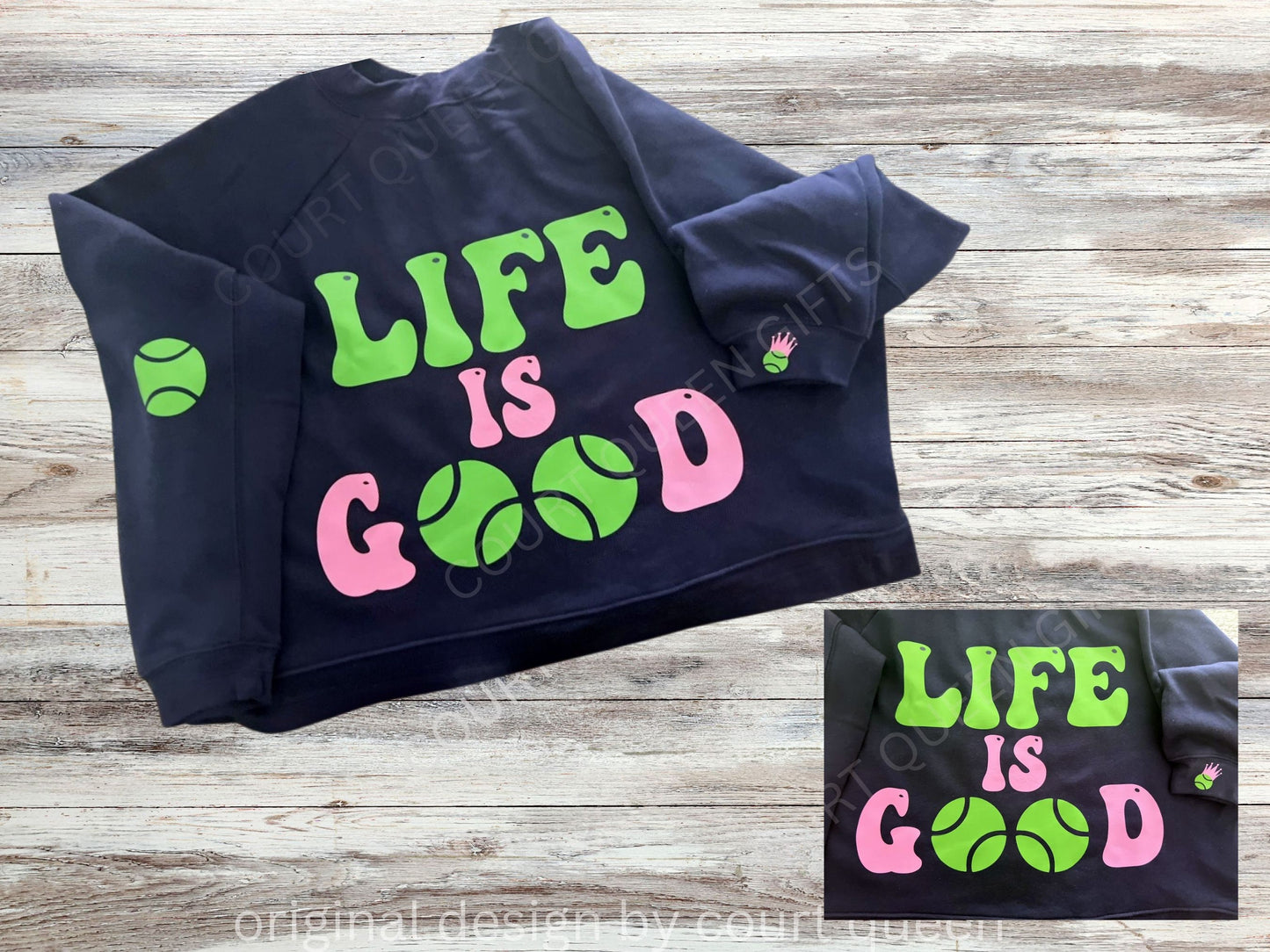 Life is Good Tennis Sweatshirt Retro Tennis Crewneck Monogram Customizable Tennis Gift Preppy Court Style Navy Sweatshirt Tennis Lover