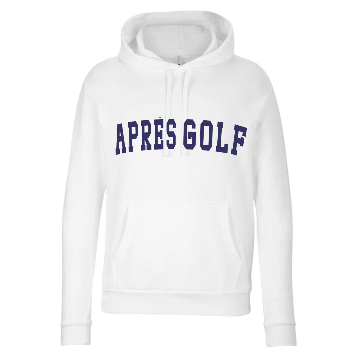 Après Golf Hoodie - Cozy White Sweatshirt with Bold Navy Lettering - Unisex Golf Lover Gift - Perfect Post-Round Comfort Apparel