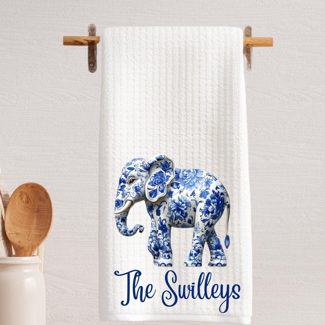 Blue & White Elephant Tea Towel