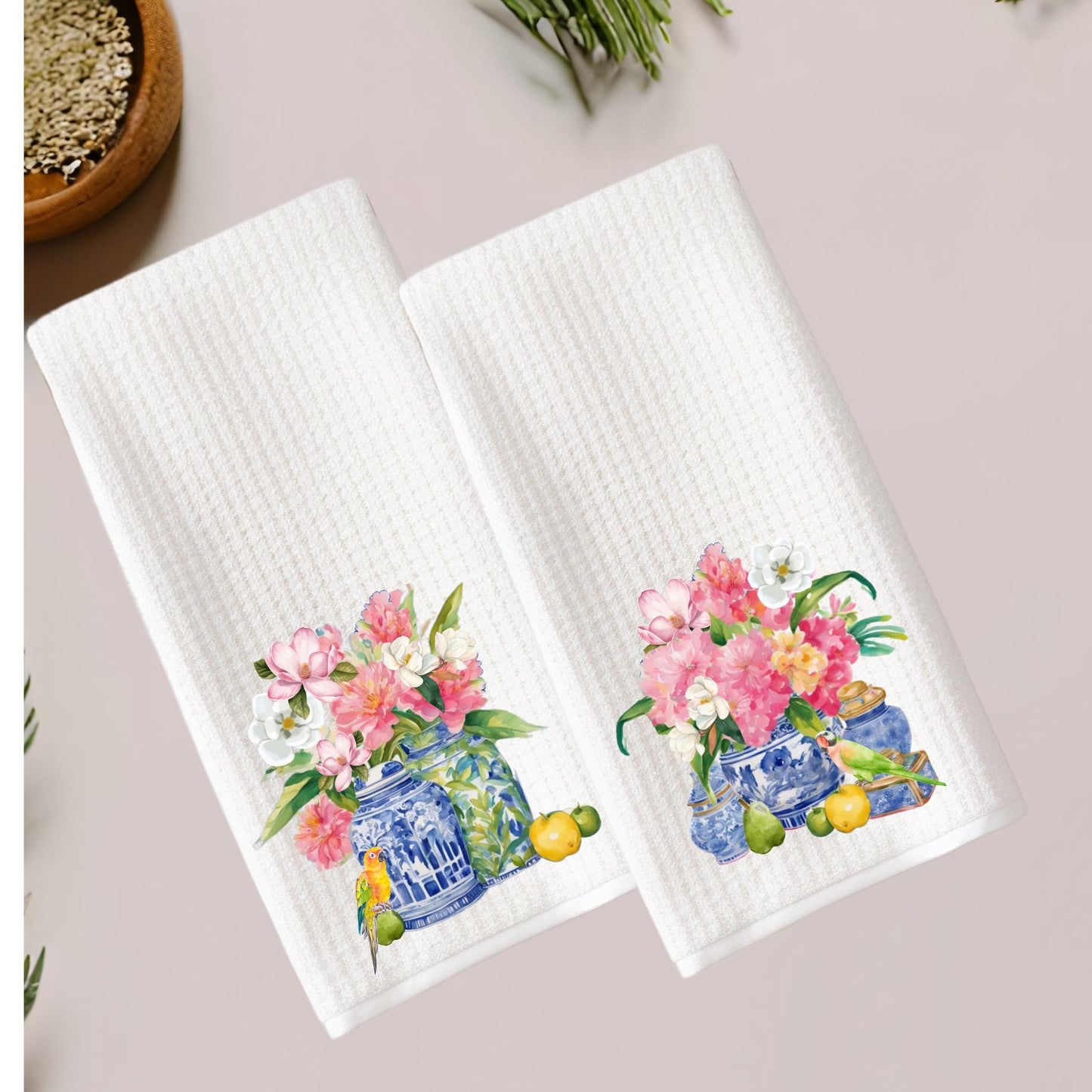 Chinoiserie Floral Ginger Jar Waffle Weave Tea Towel