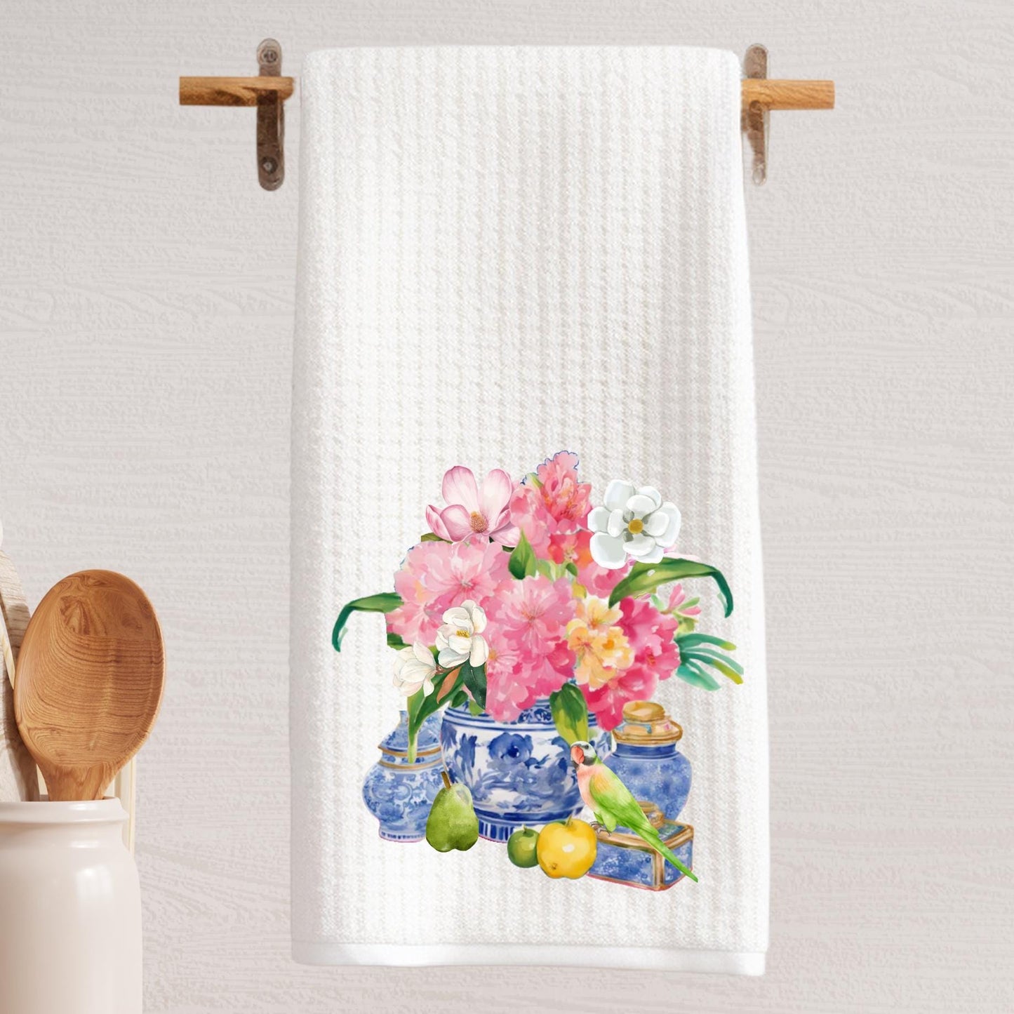 Chinoiserie Floral Ginger Jar Waffle Weave Tea Towel