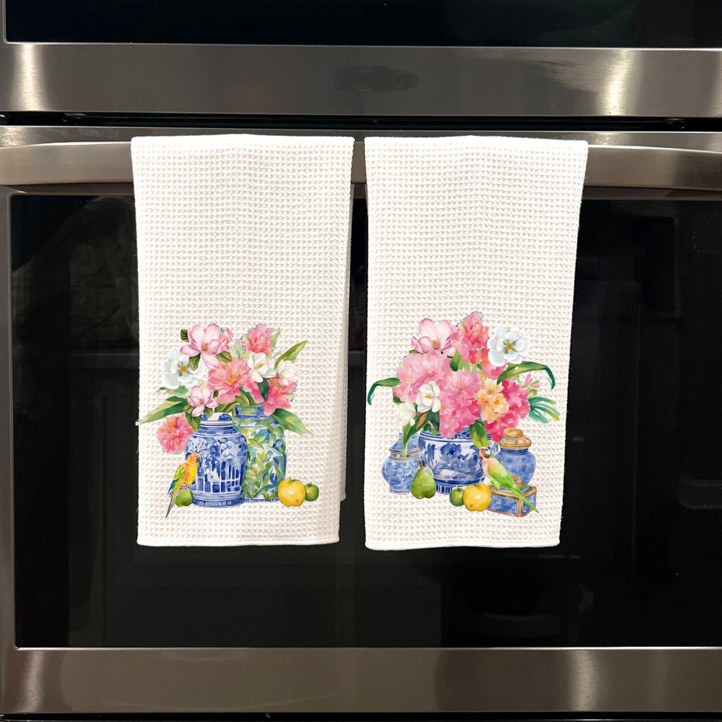Chinoiserie Floral Ginger Jar Waffle Weave Tea Towel