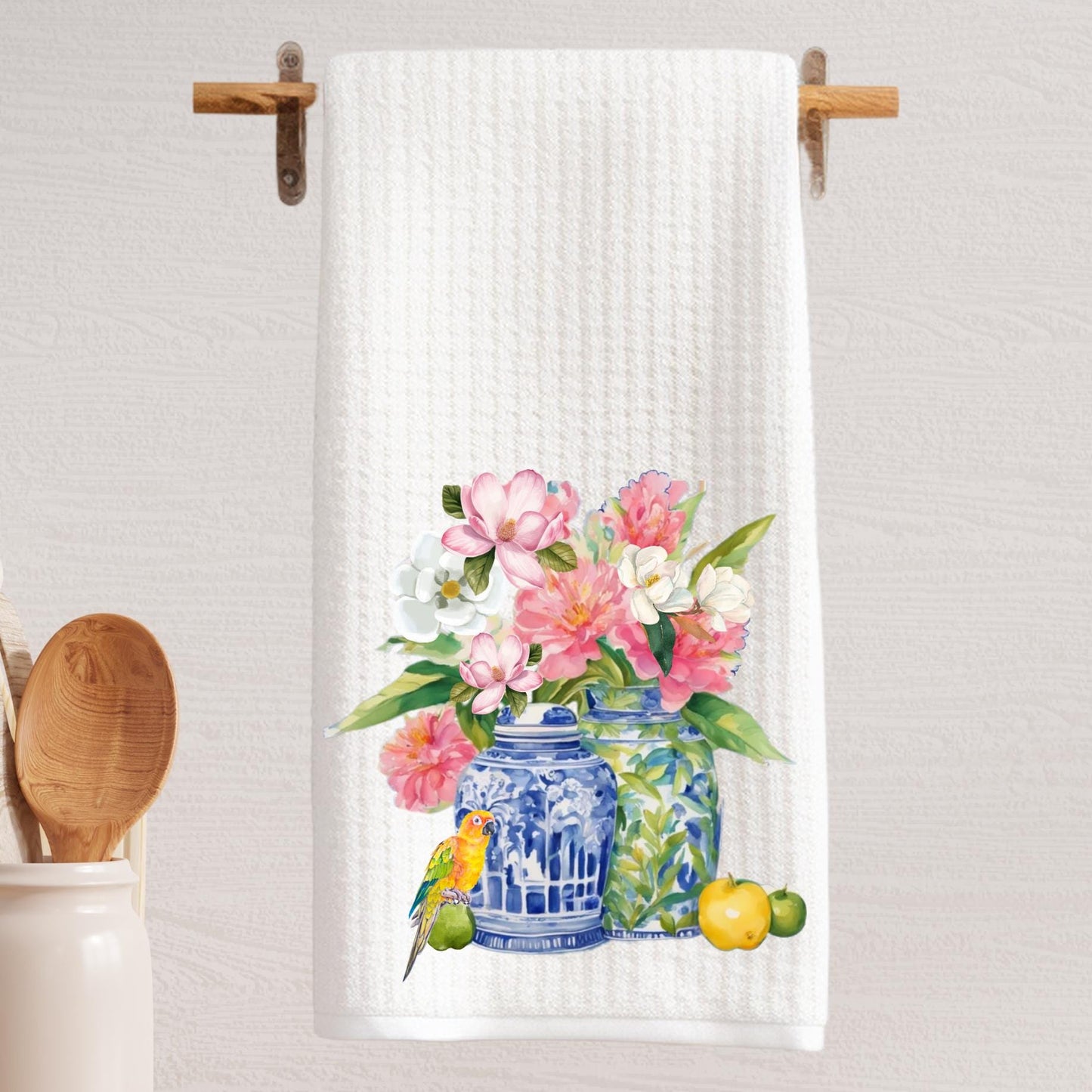 Chinoiserie Floral Ginger Jar Waffle Weave Tea Towel
