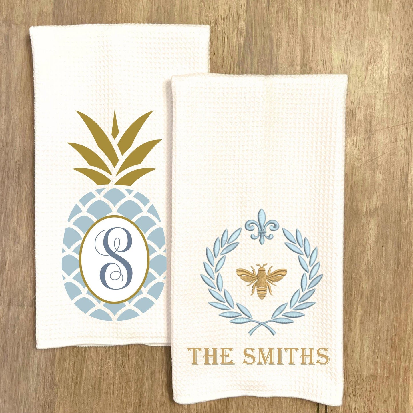 Personalized Pineapple or Bee Waffle Weave Tea Towel Set Elegant Monogram Kitchen Decor Hostess Birthday Gift Chinoiserie Grand Millennial