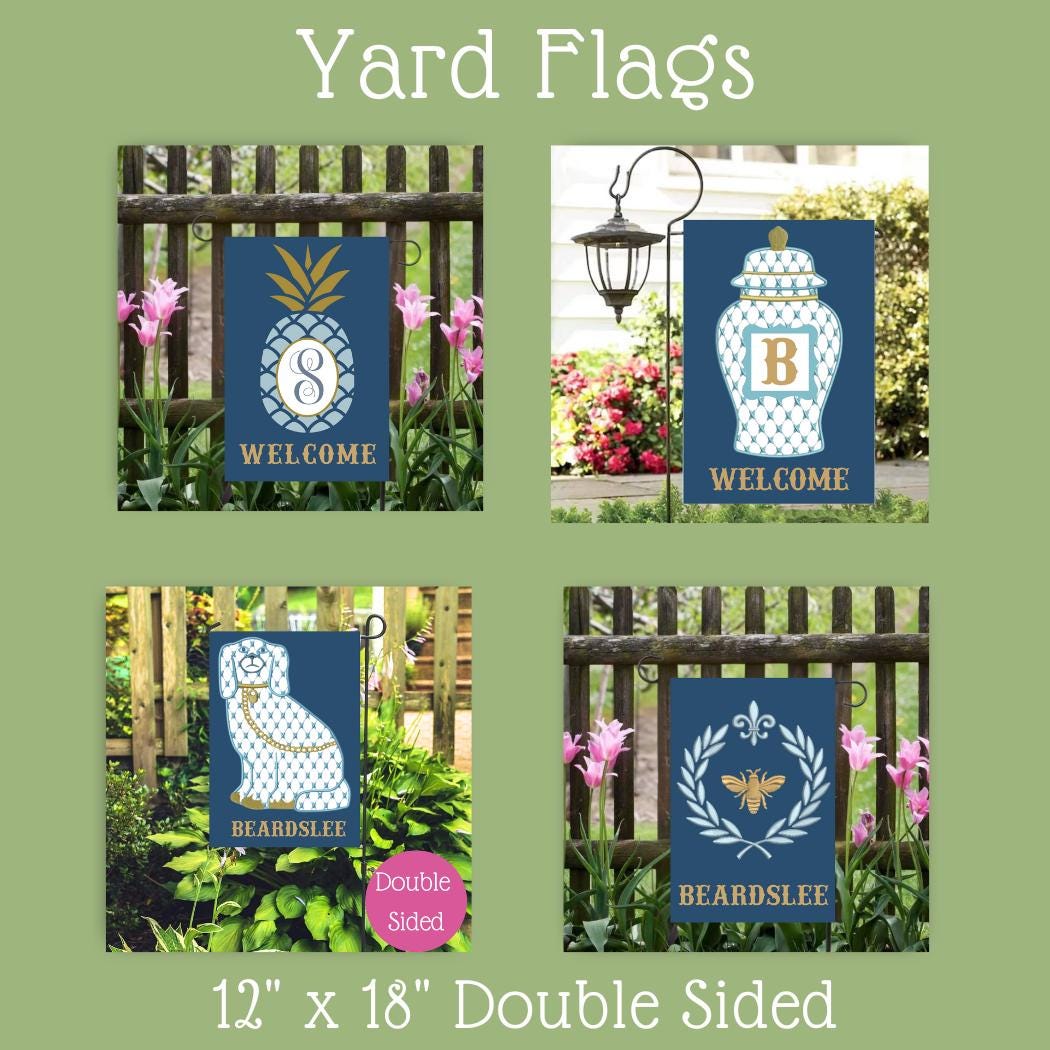 Grand Millennial Personalized Yard Flag Monogram Pineapple Bee Staffordshire Dog Ginger Jar Outdoor Garden Decor