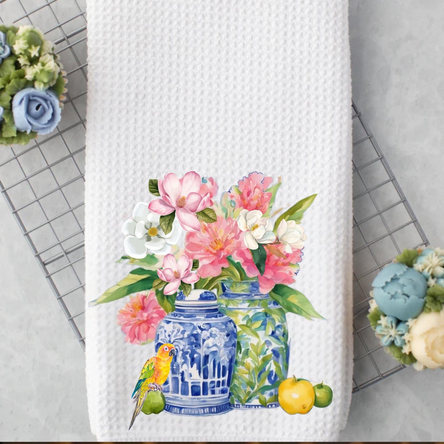 Chinoiserie Floral Ginger Jar Waffle Weave Tea Towel