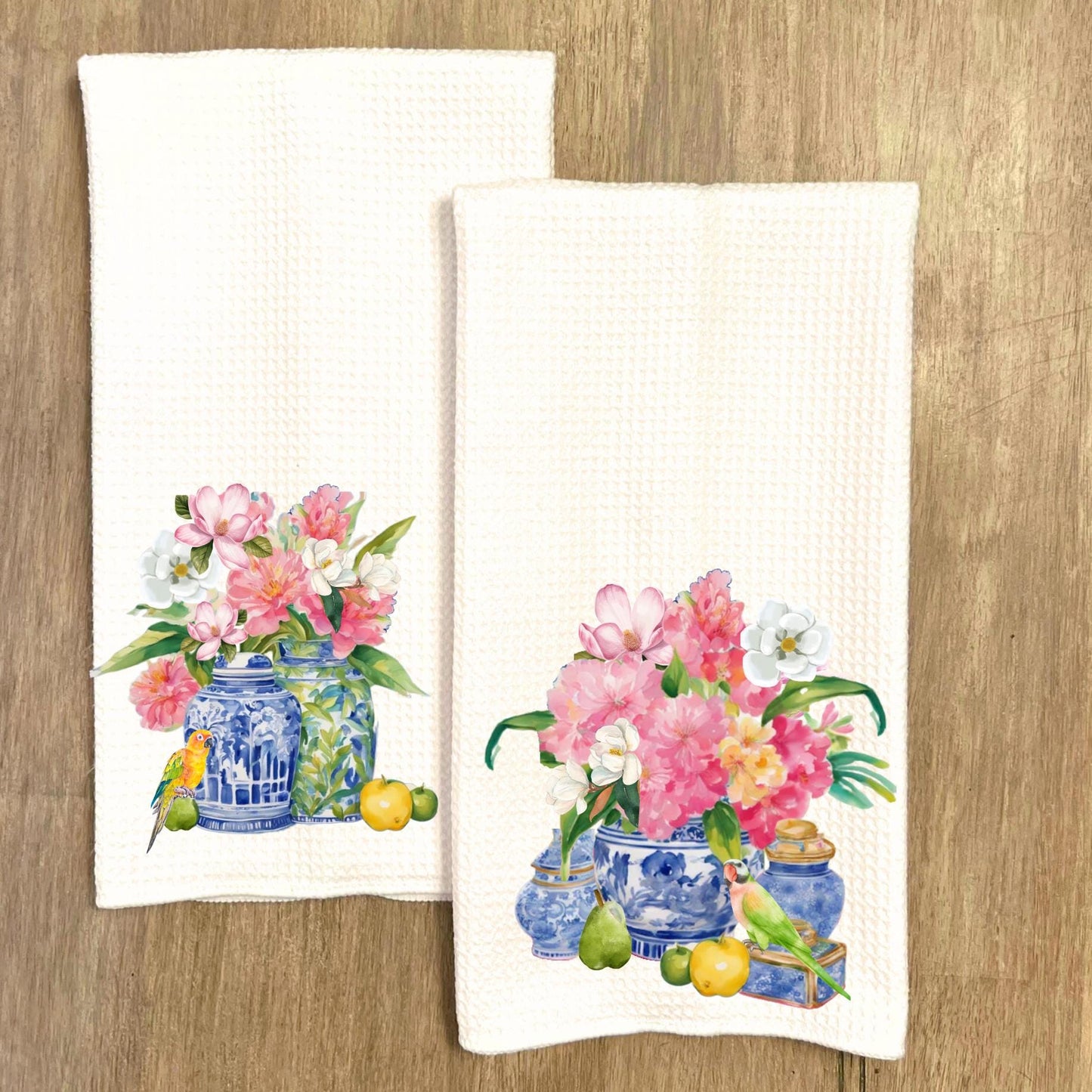 Chinoiserie Floral Ginger Jar Waffle Weave Tea Towel