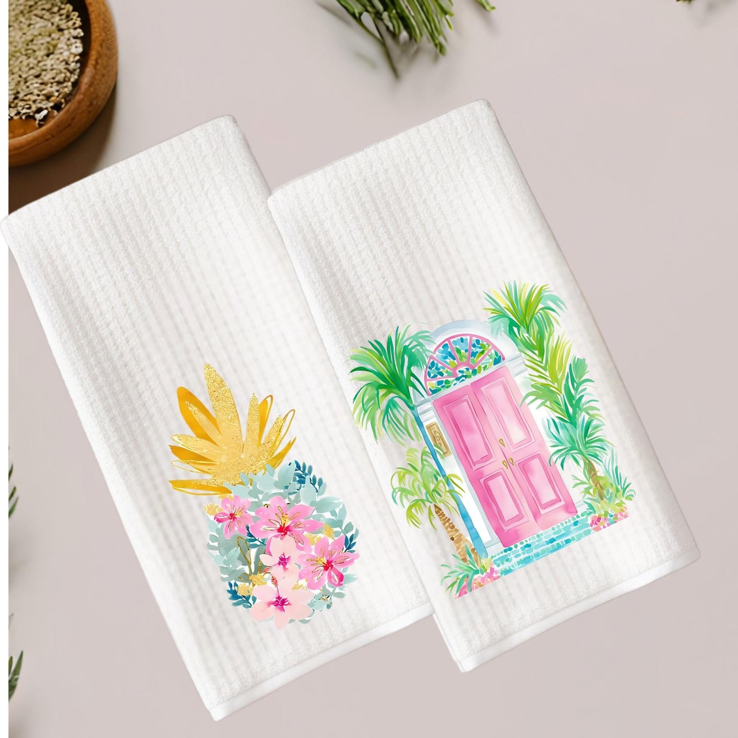 Tropical Kitchen Tea Towels - Palm Beach Preppy Door & Pineapple