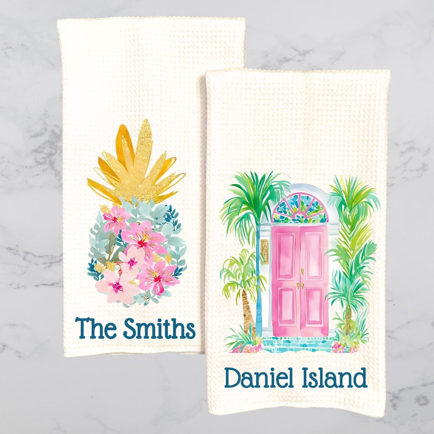 Tropical Kitchen Tea Towels - Palm Beach Preppy Door & Pineapple