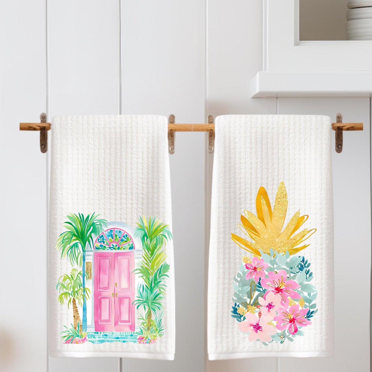 Tropical Kitchen Tea Towels - Palm Beach Preppy Door & Pineapple