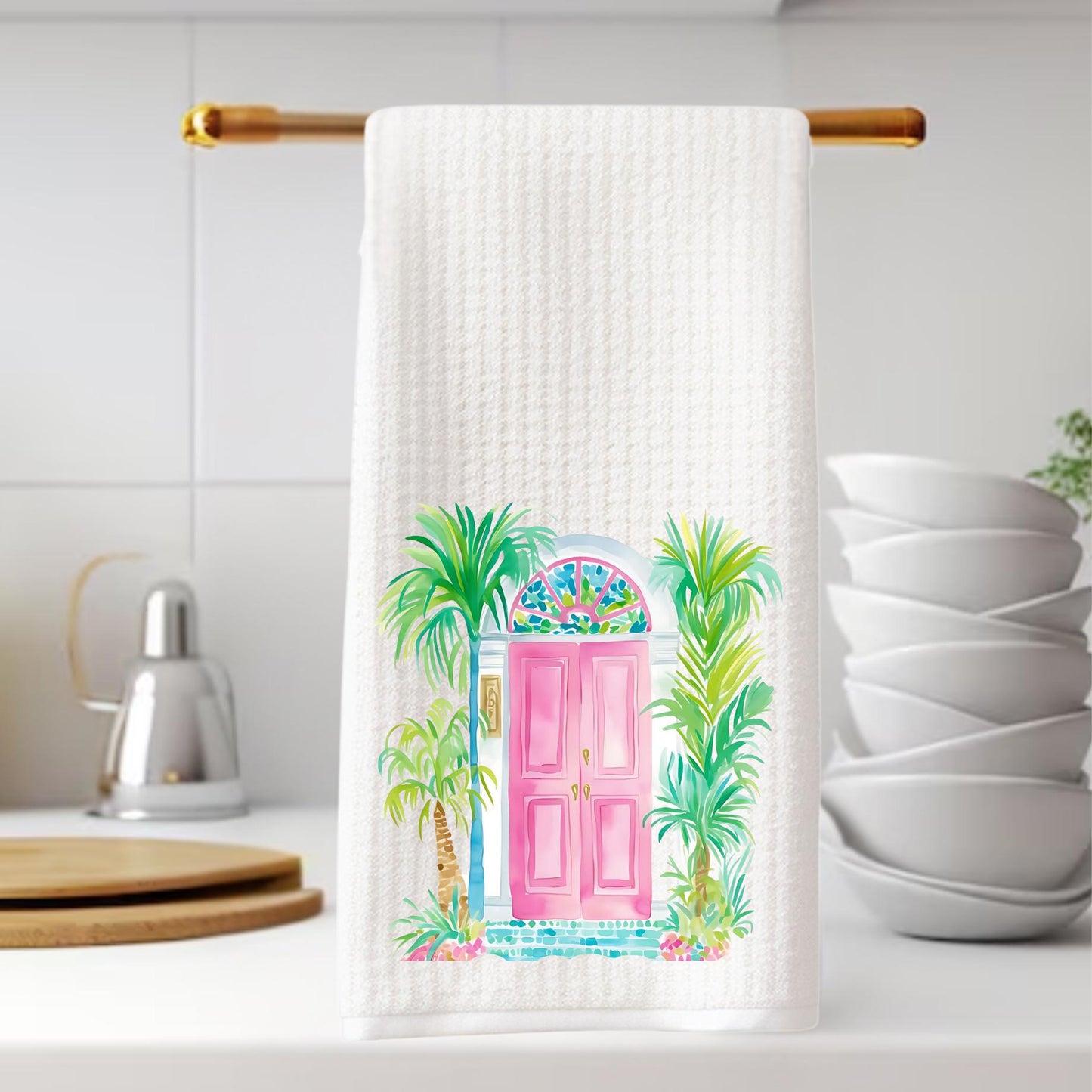 Tropical Kitchen Tea Towels - Palm Beach Preppy Door & Pineapple