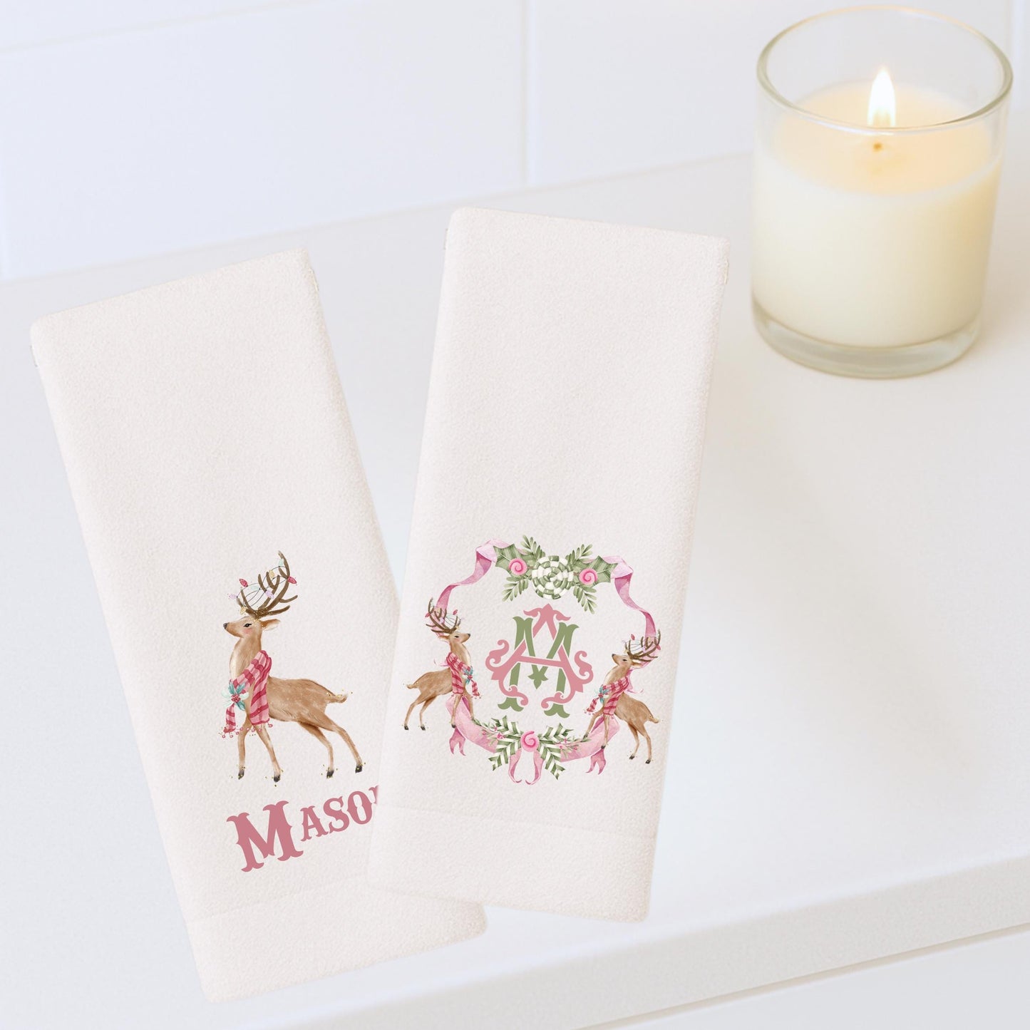 Preppy Pink and Green Christmas Powder Room Fingertip Hand Towels - Personalized Towels For Bathroom