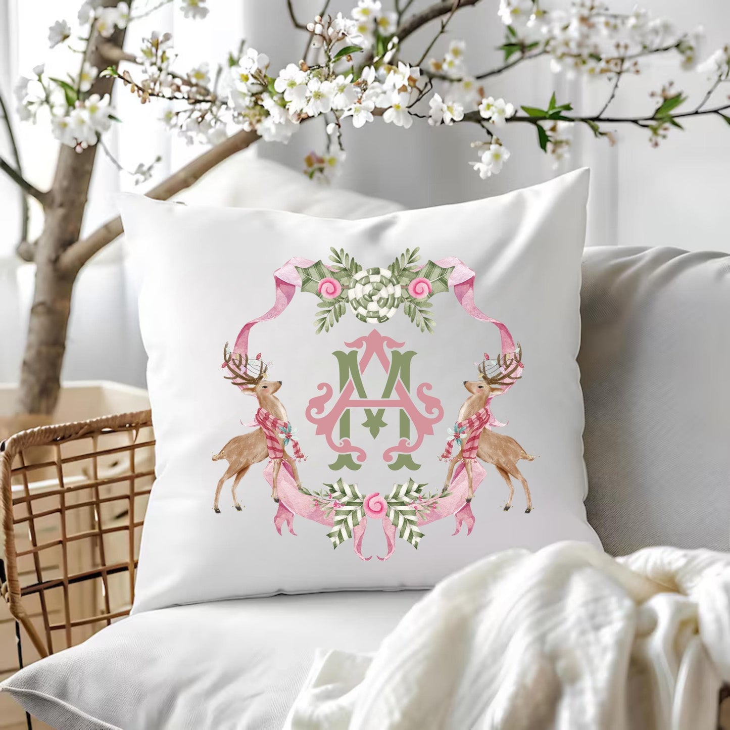Christmas Pillow - Preppy Pink & Green House Decor - Monogram Christmas Gift - Custom Pillow