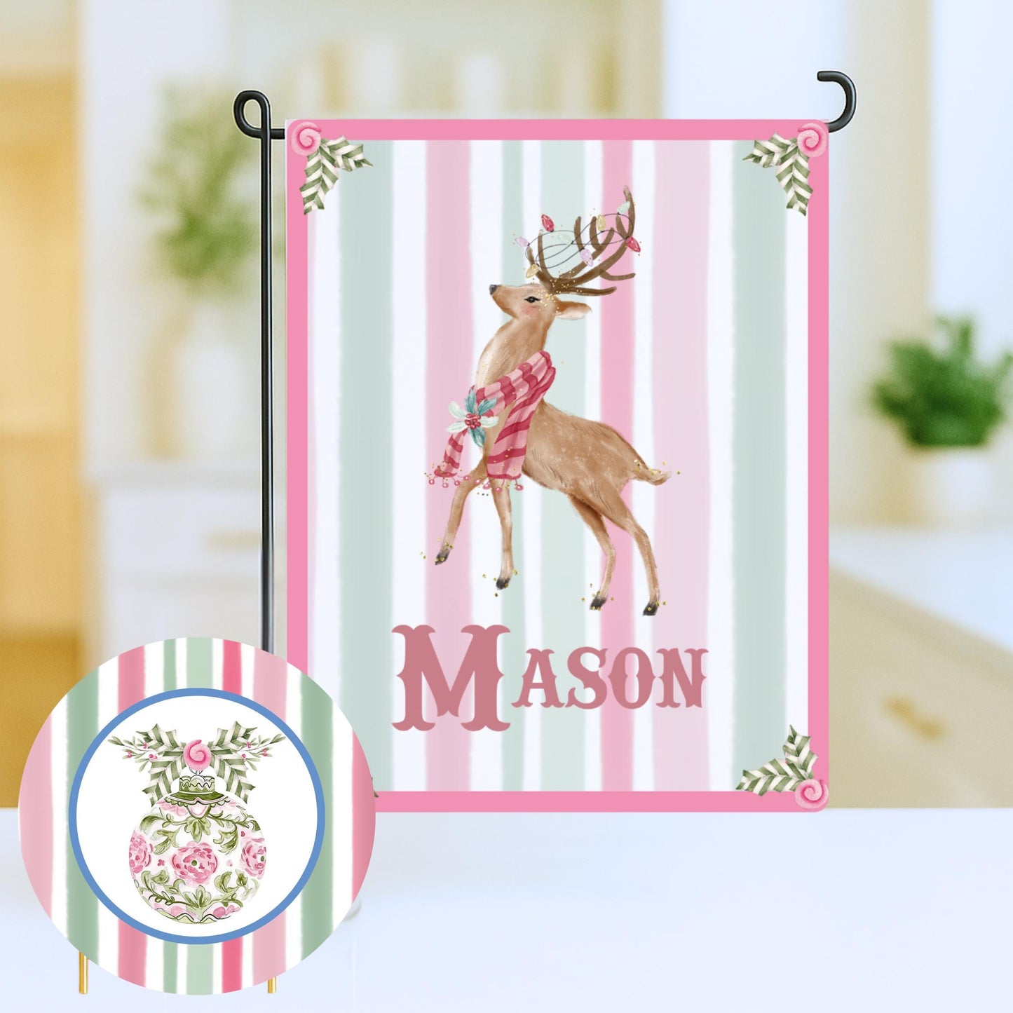 Christmas Pillow - Preppy Pink & Green House Decor - Monogram Christmas Gift - Custom Pillow