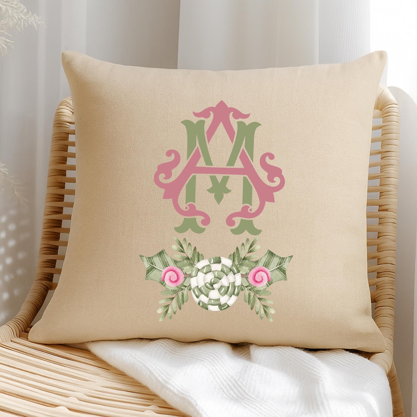 Christmas Pillow - Preppy Pink & Green House Decor - Monogram Christmas Gift - Custom Pillow