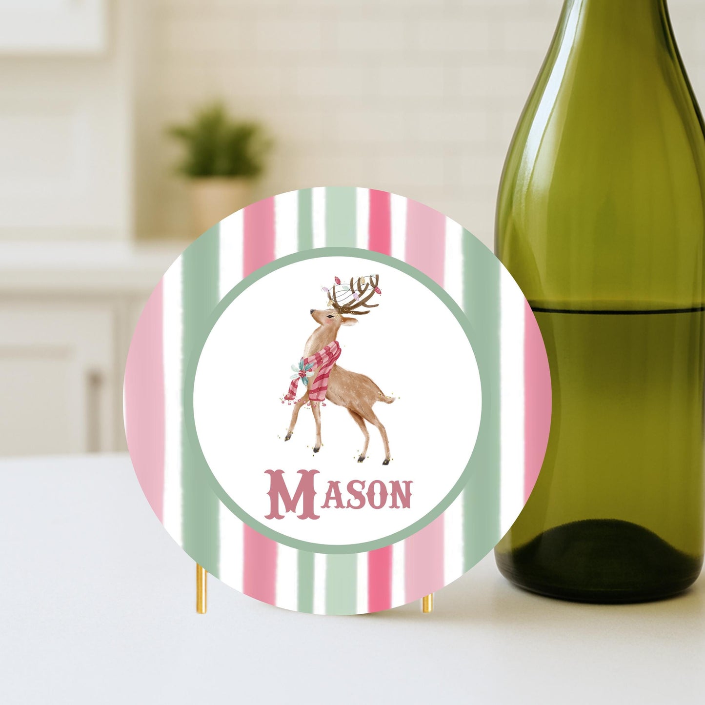 Christmas Coaster Custom Monogram Pink and Green Preppy Holiday Drink Coasters Personalized Gift -Holiday Decor - Bar cart Decor