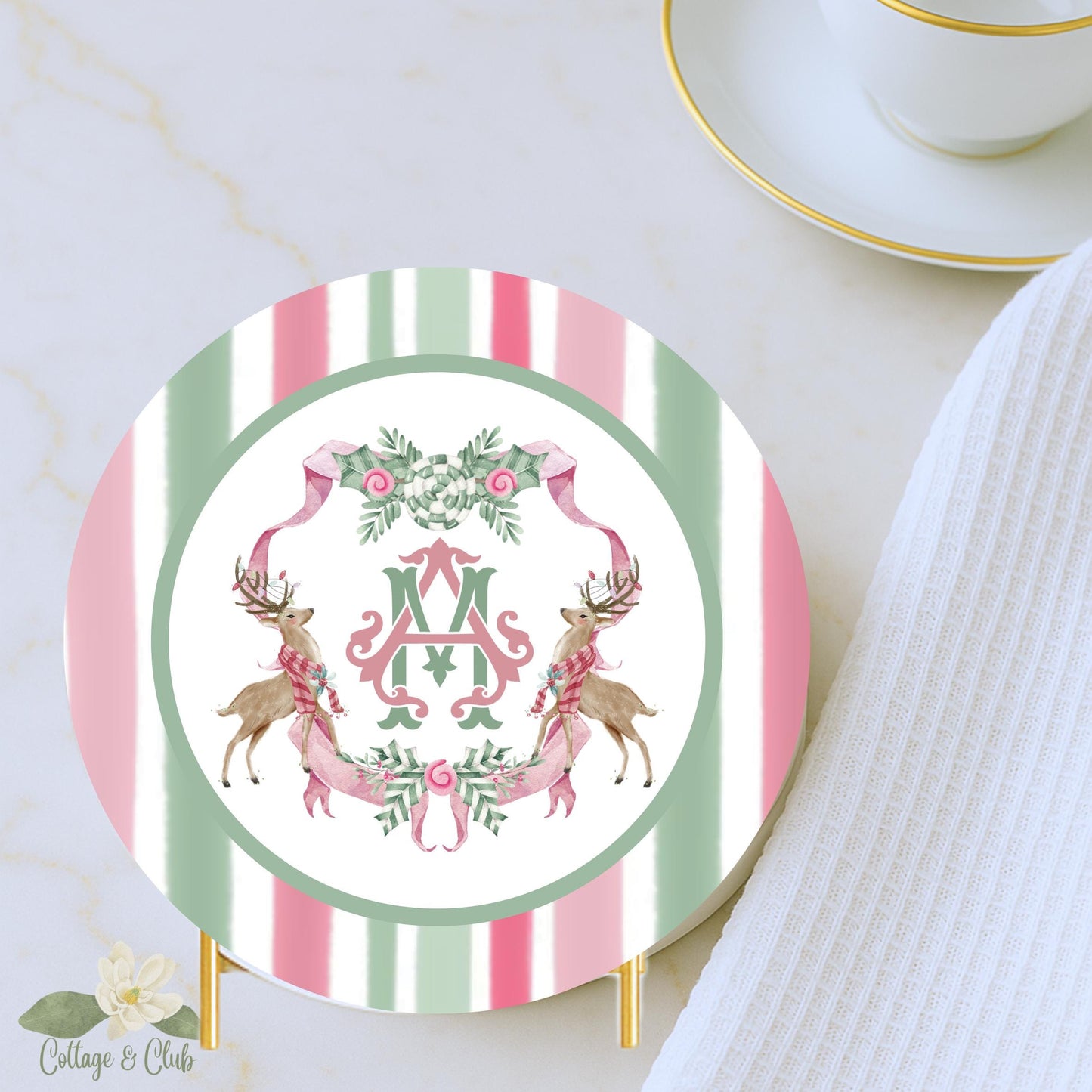 Christmas Coaster Custom Monogram Pink and Green Preppy Holiday Drink Coasters Personalized Gift -Holiday Decor - Bar cart Decor