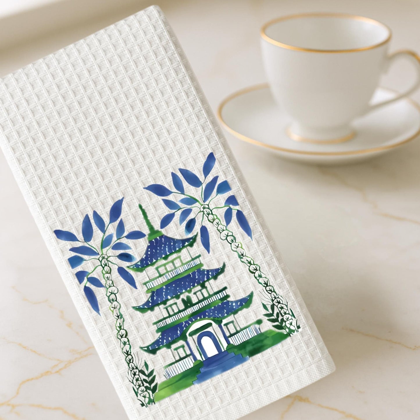Chinoiserie Inspired Blue and Green Pagoda Tea Towel Collection