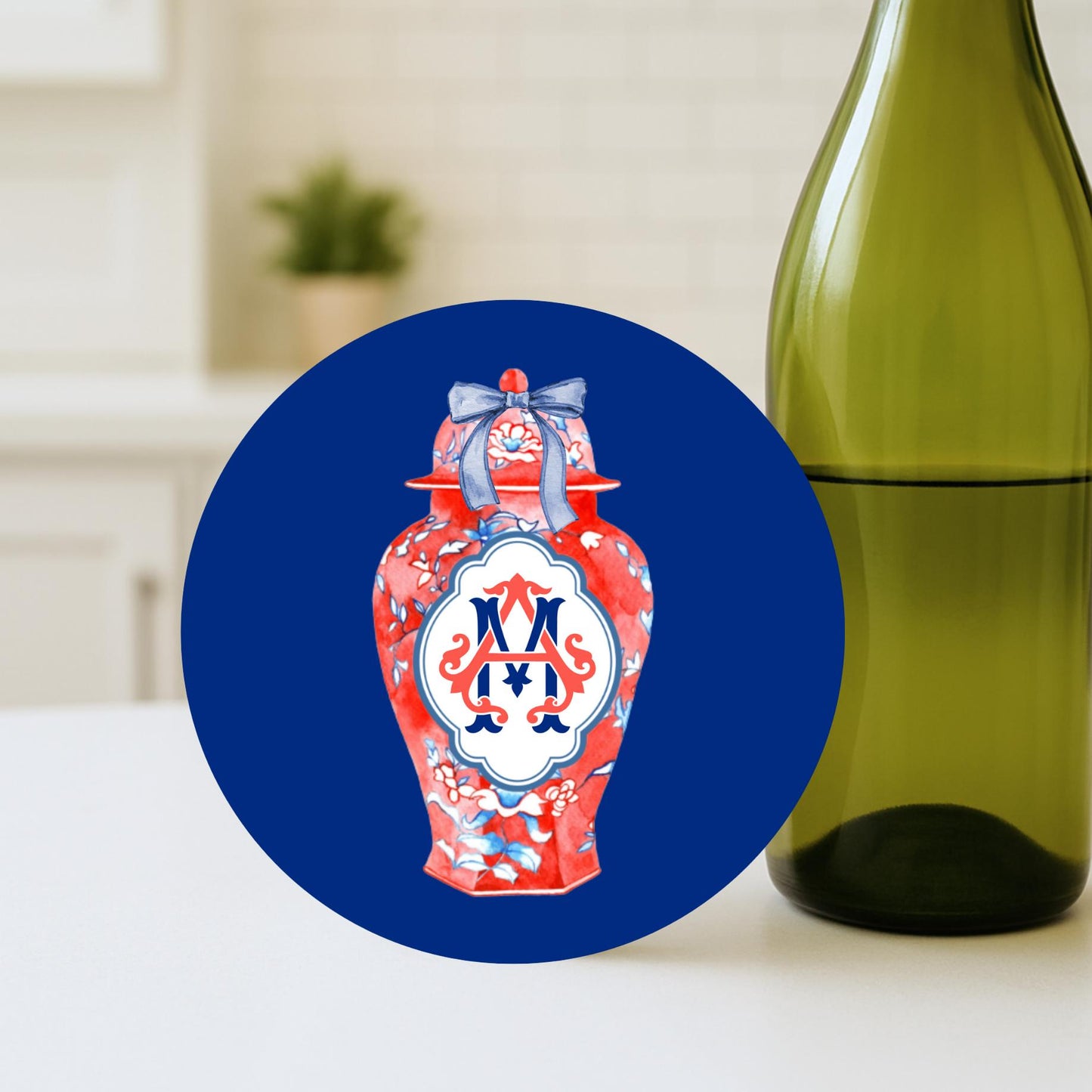 4th of July Patriotic American Flag Drink Coasters - Set of 4 Cork Back Ceramic Preppy Ginger Jar Topiary Coasters