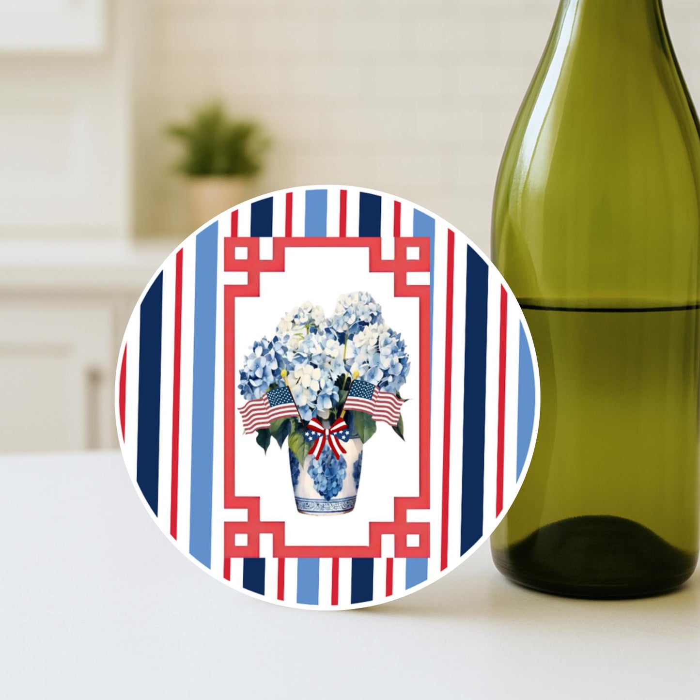4th of July Patriotic American Flag Drink Coasters - Set of 4 Cork Back Ceramic Preppy Ginger Jar Topiary Coasters