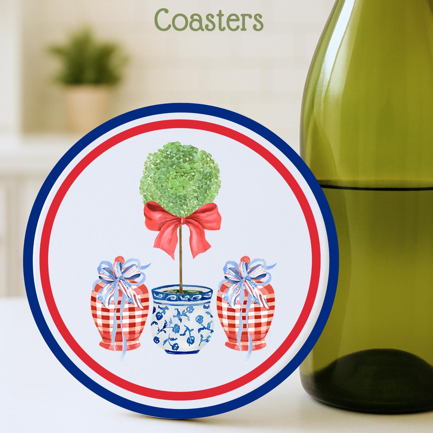 American Flag Drink Coasters Set of 4 - 4th of July Patriotic Cork Back Ceramic Coasters, Preppy Ginger Jar Topiary Decor - Hostess Gift