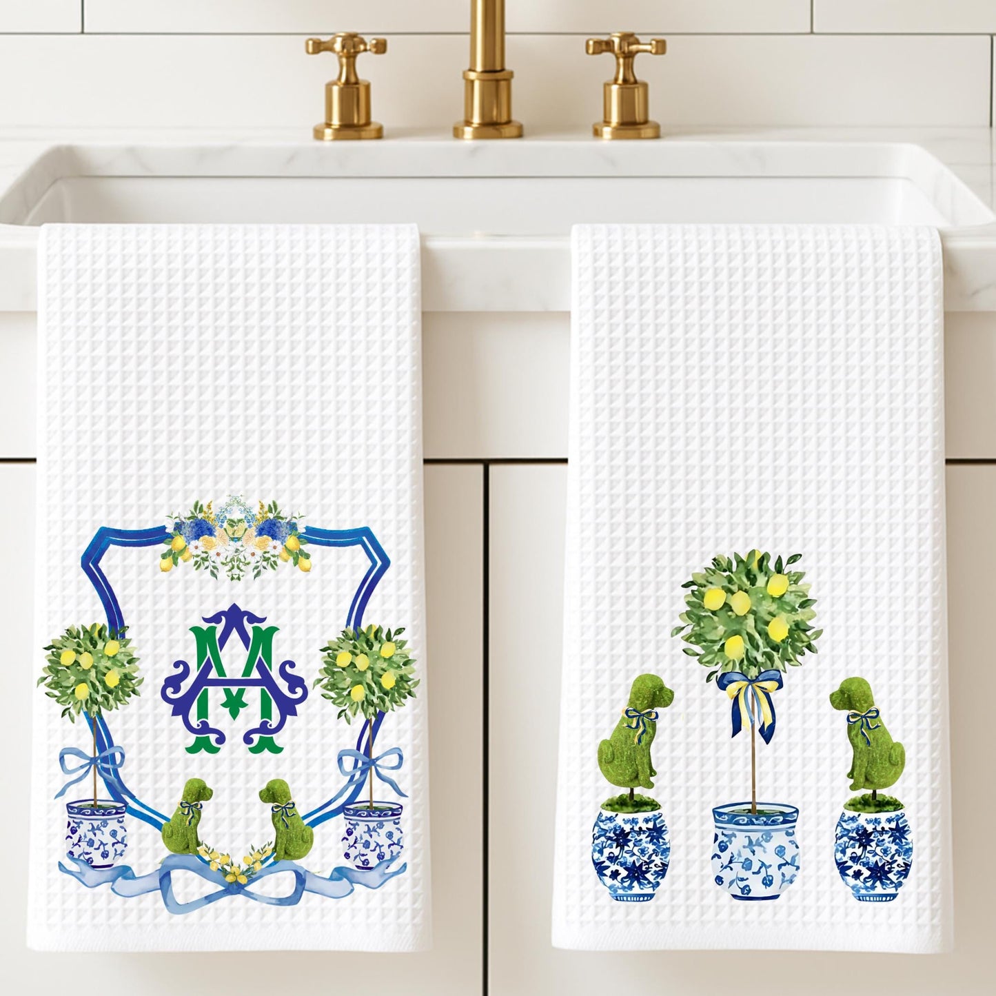 Dog Topiary Chinoiserie Tea Towel Personalized Gift Preppy Kitchen Decor Hostess Birthday Gift For Her Blue and White Grand Millennial