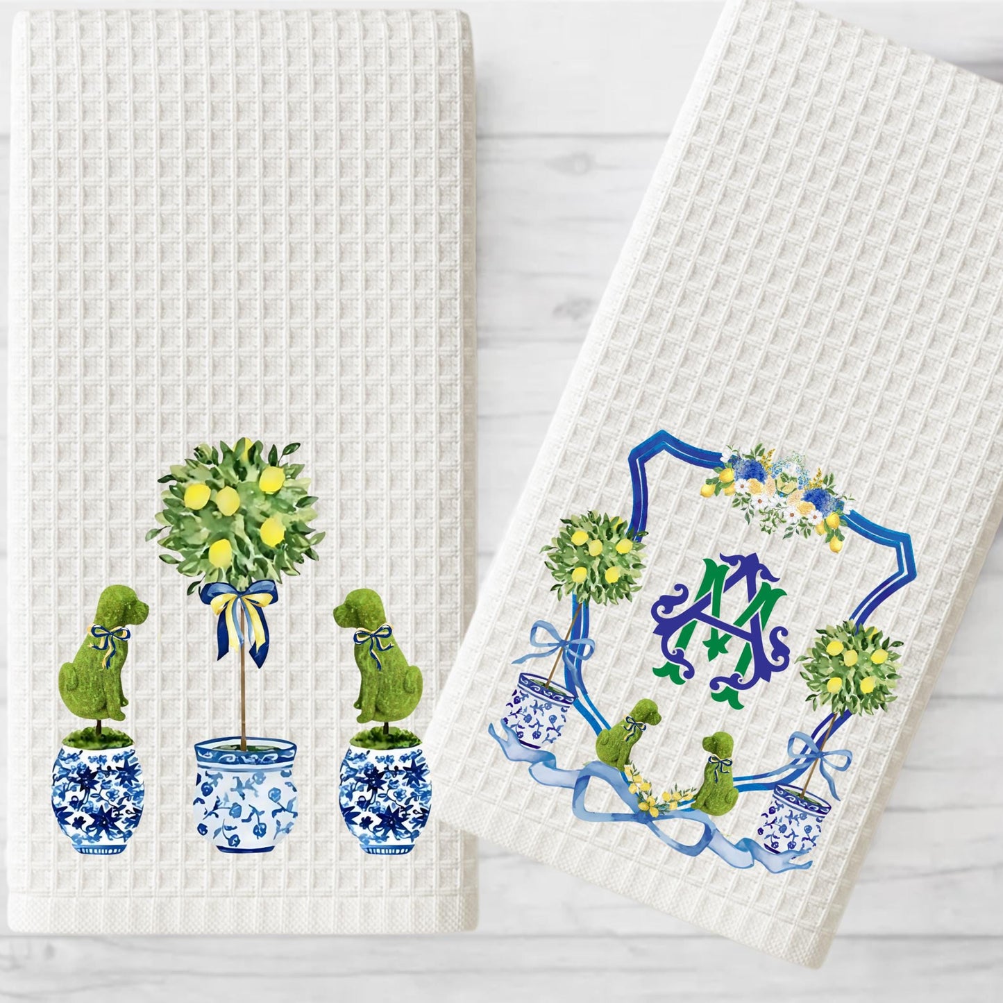 Dog Topiary Chinoiserie Tea Towel Personalized Gift Preppy Kitchen Decor Hostess Birthday Gift For Her Blue and White Grand Millennial