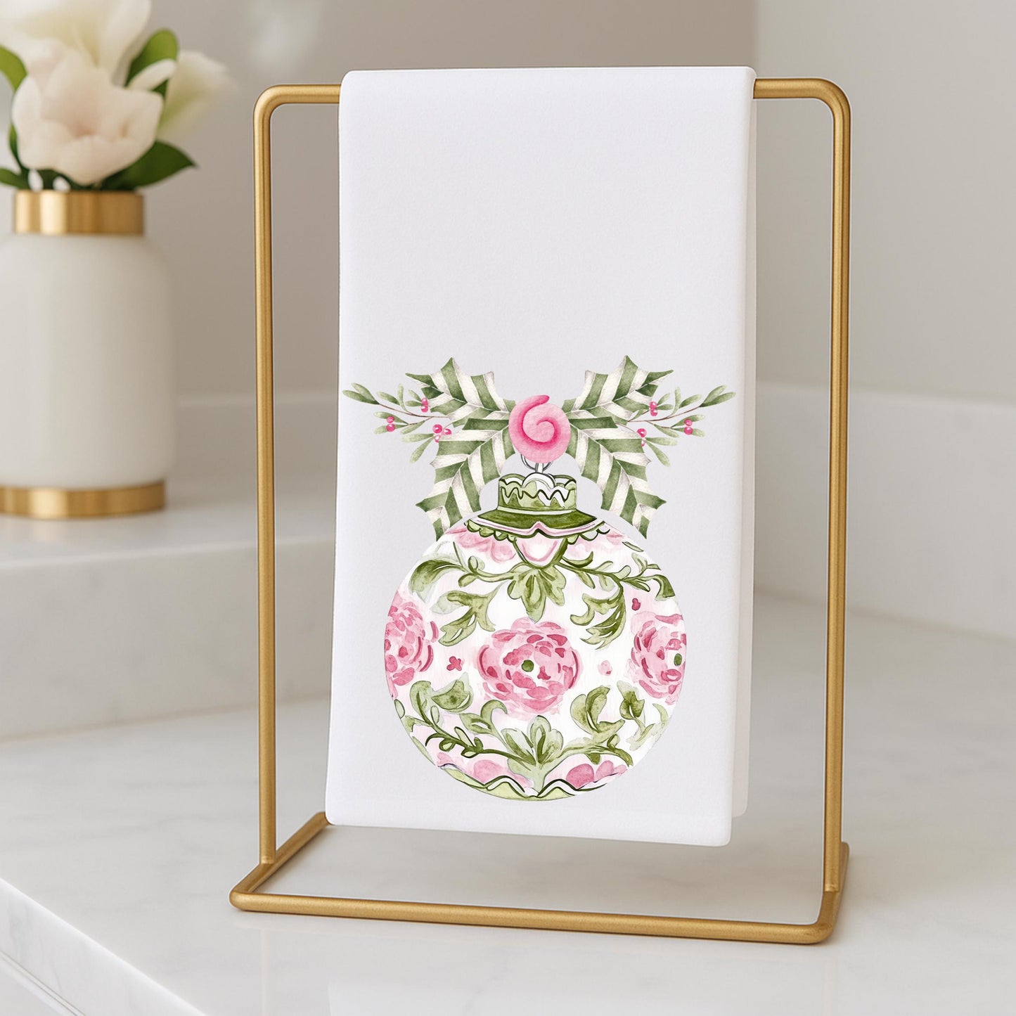Preppy Pink and Green Christmas Powder Room Fingertip Hand Towels - Personalized Towels For Bathroom