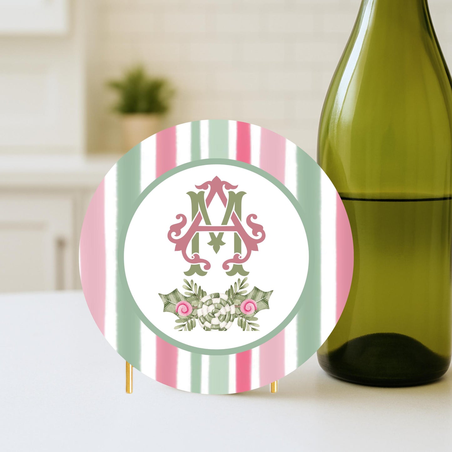 Christmas Coaster Custom Monogram Pink and Green Preppy Holiday Drink Coasters Personalized Gift -Holiday Decor - Bar cart Decor
