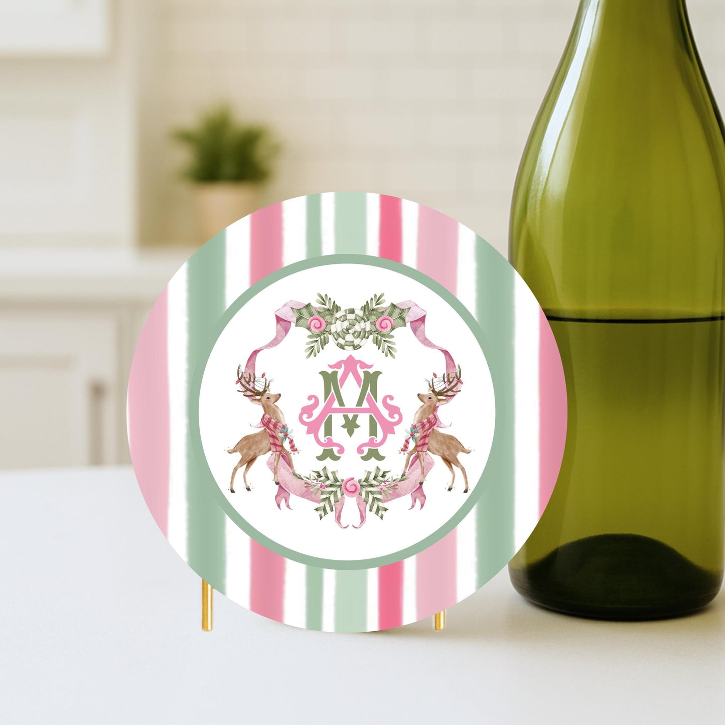 Christmas Coaster Custom Monogram Pink and Green Preppy Holiday Drink Coasters Personalized Gift -Holiday Decor - Bar cart Decor