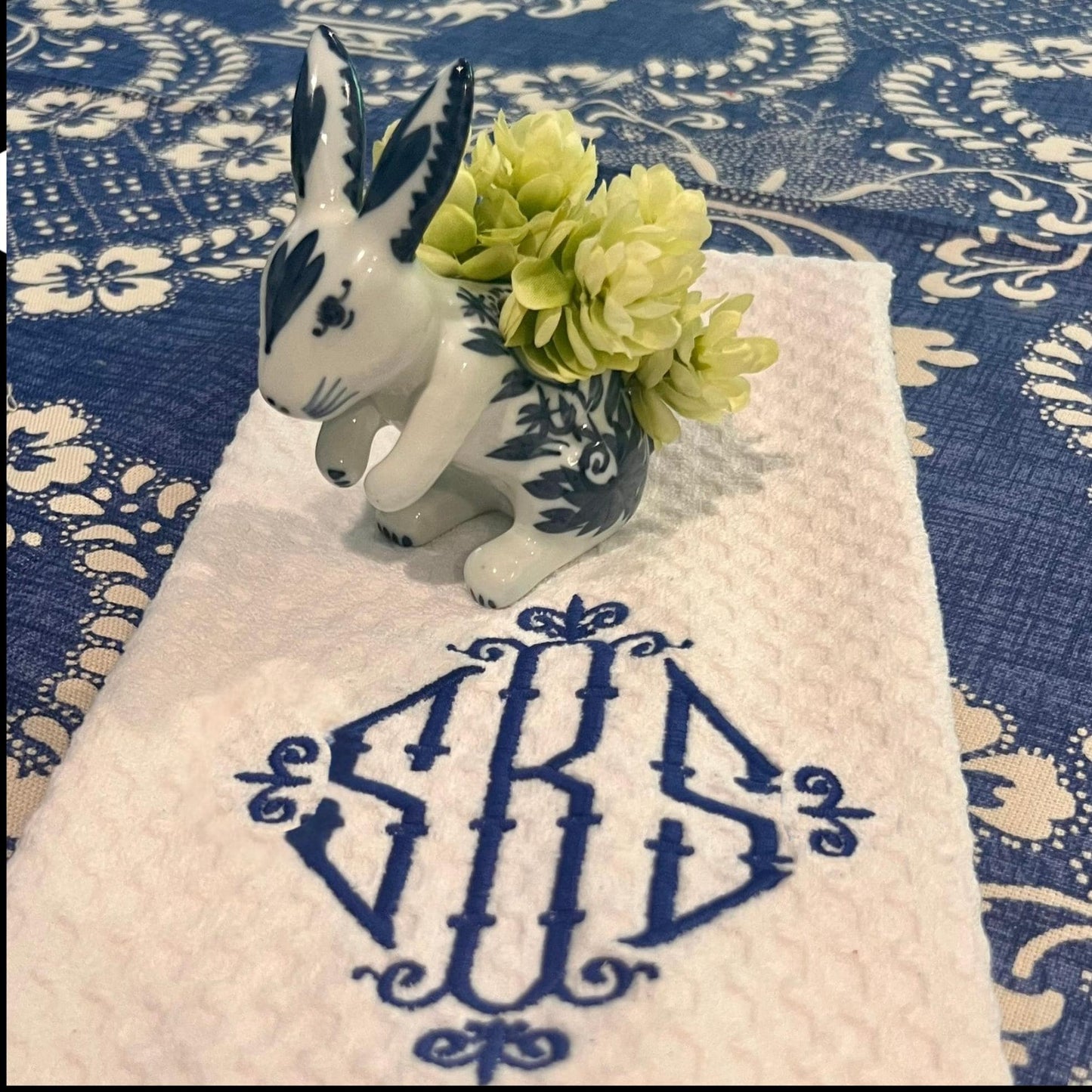Embroidered Monogram Tea Towel Personalized Gift Preppy Kitchen Decor Hostess Birthday Gift For Her Kitchen Dish Towel Blue and White Decor