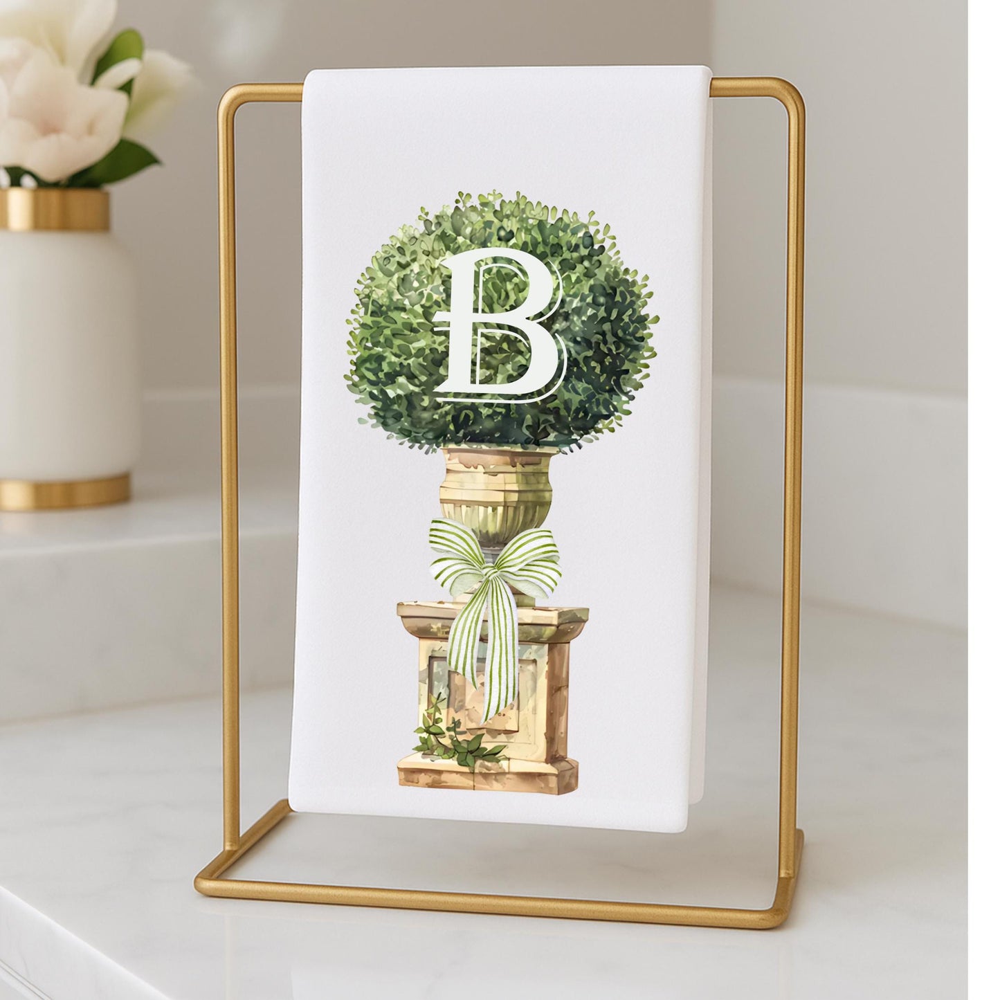 Monogram Boxwood Topiary Tea Towel Personalized Gift Preppy Kitchen Decor Hostess Birthday Gift For Her Personalized Towel