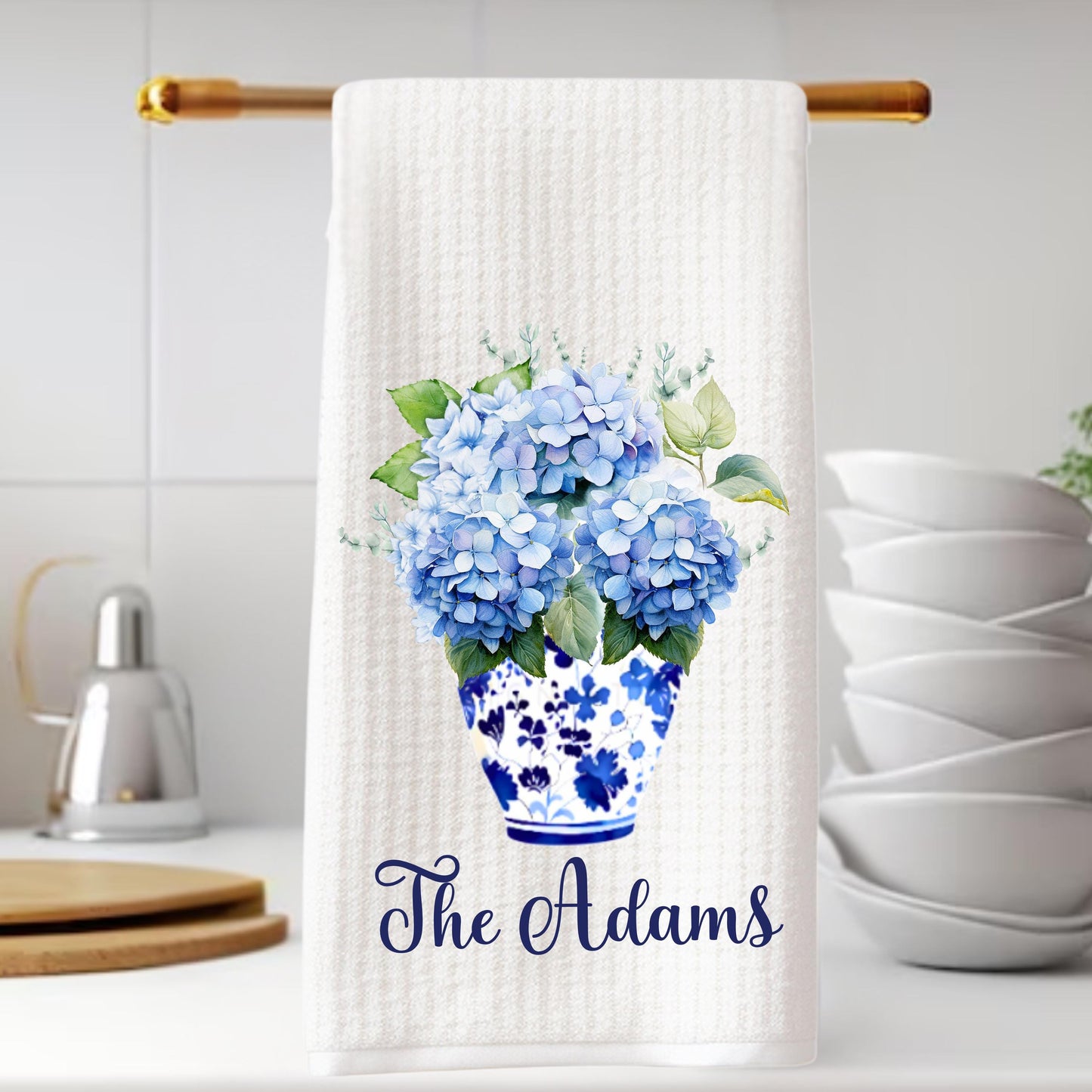 Personalized Hydrangeas In Blue Chinoiserie Vase Tea Dish Hand Kitchen Towel, Floral Kitchen Towel Decor Gift, Hostess Housewarming Gift