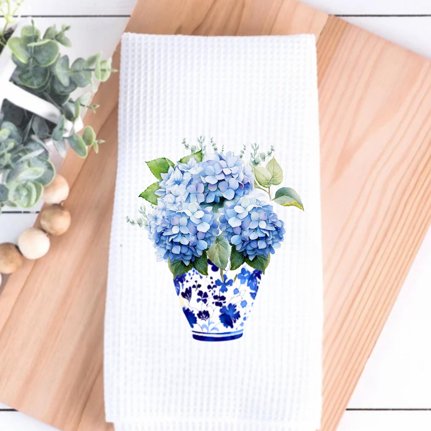 Personalized Hydrangeas In Blue Chinoiserie Vase Tea Dish Hand Kitchen Towel, Floral Kitchen Towel Decor Gift, Hostess Housewarming Gift