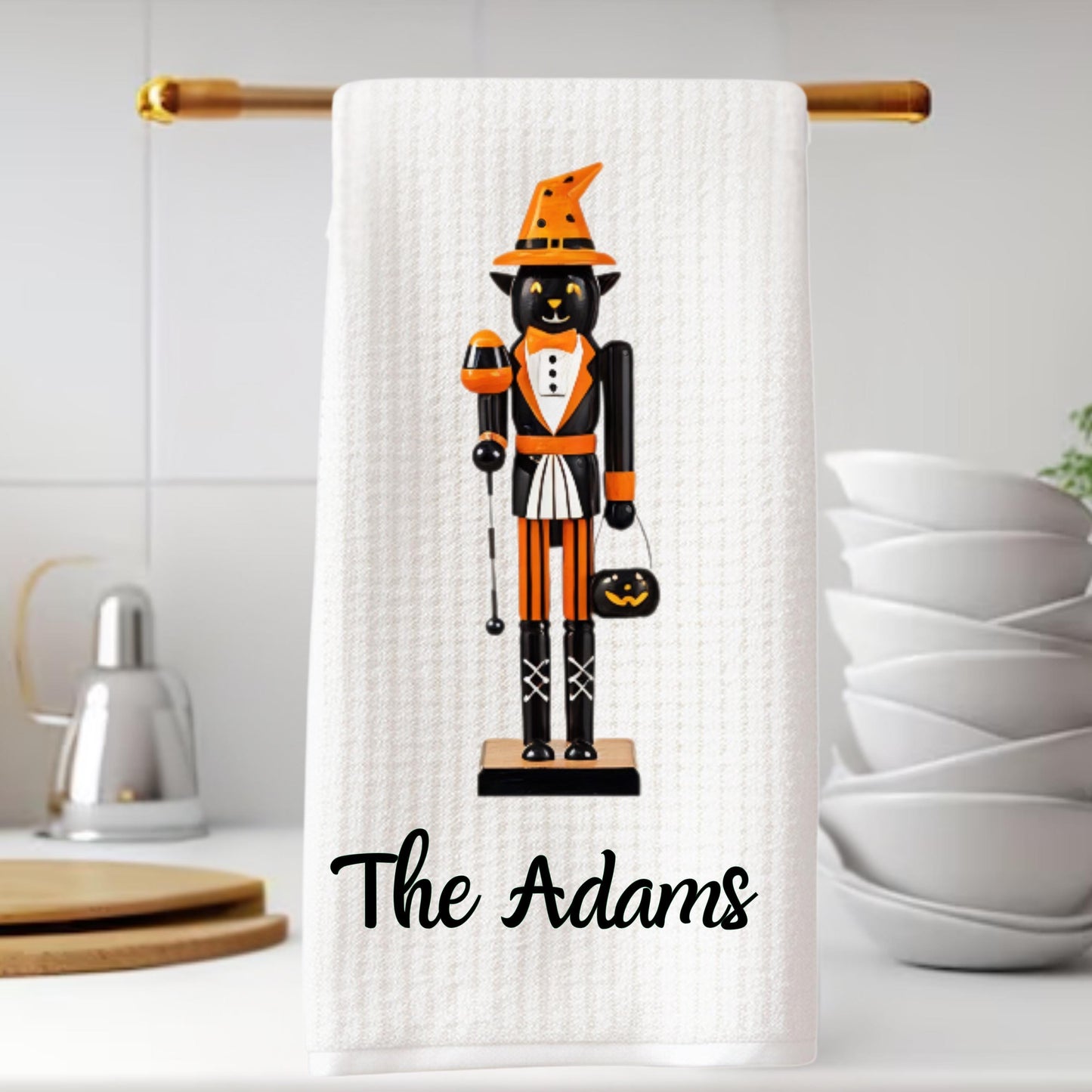 Personalized Halloween Nutcracker Tea Towel | Custom Kitchen Decor Gift for Her, Mom, Fall Halloween, Black & White Decor, Hostess Gift