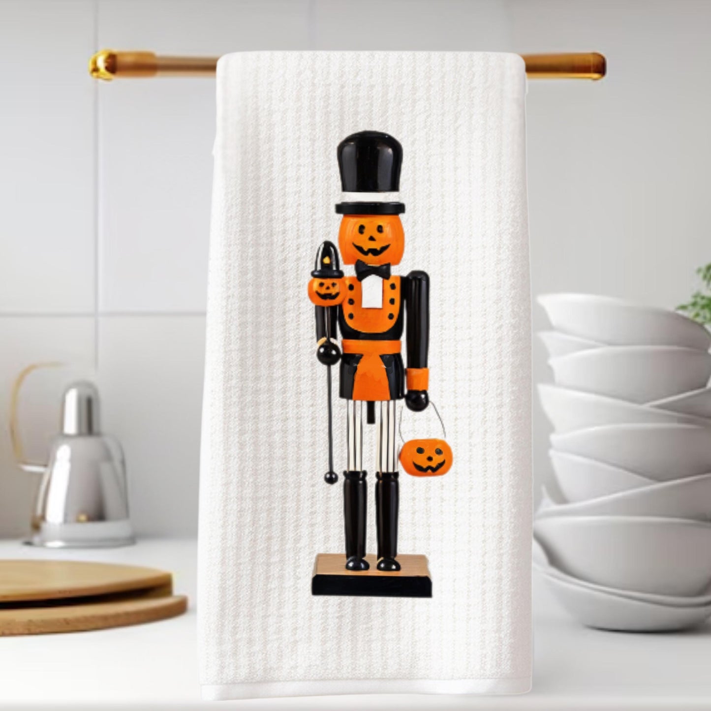Personalized Halloween Nutcracker Tea Towel | Custom Kitchen Decor Gift for Her, Mom, Fall Halloween, Black & White Decor, Hostess Gift