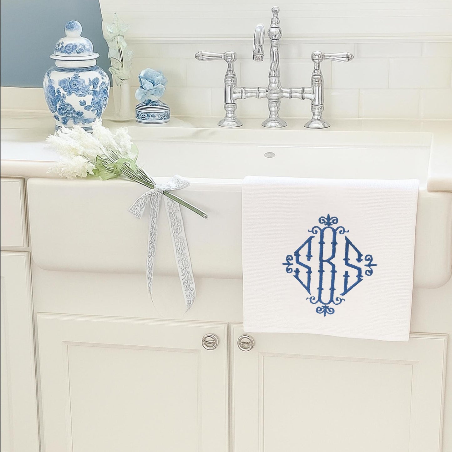 Embroidered Monogram Tea Towel Personalized Gift Preppy Kitchen Decor Hostess Birthday Gift For Her Kitchen Dish Towel Blue and White Decor