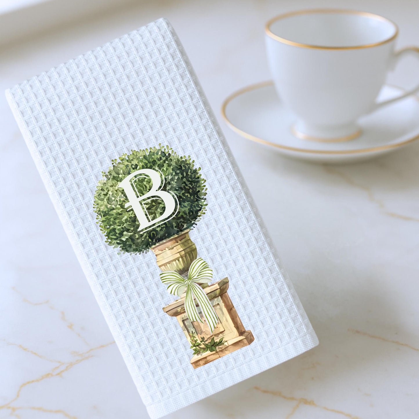 Monogram Boxwood Topiary Tea Towel Personalized Gift Preppy Kitchen Decor Hostess Birthday Gift For Her Personalized Towel