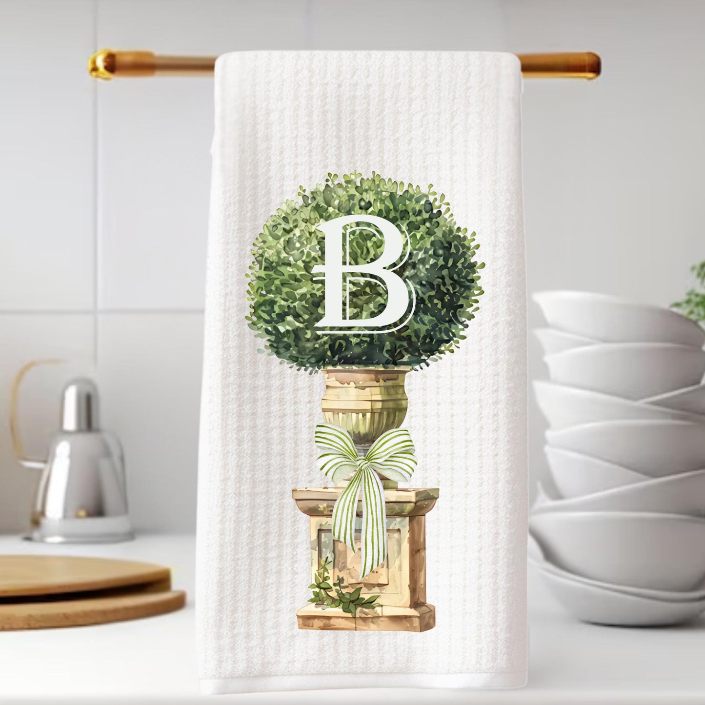 Monogram Boxwood Topiary Tea Towel Personalized Gift Preppy Kitchen Decor Hostess Birthday Gift For Her Personalized Towel