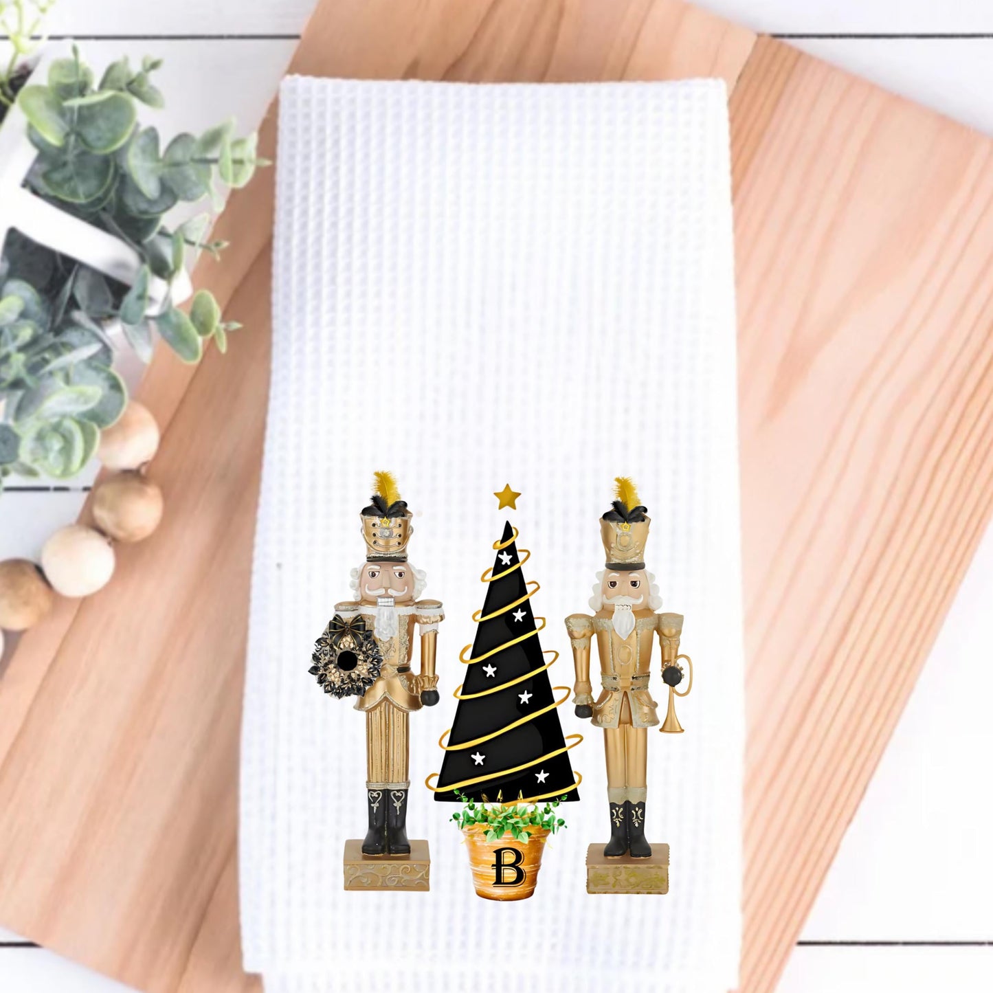 Personalized Christmas Nutcracker Tea Towel | Custom Kitchen Decor Gift for Her, Mom, Festive Holiday, Black & White Decor, Hostess Gift