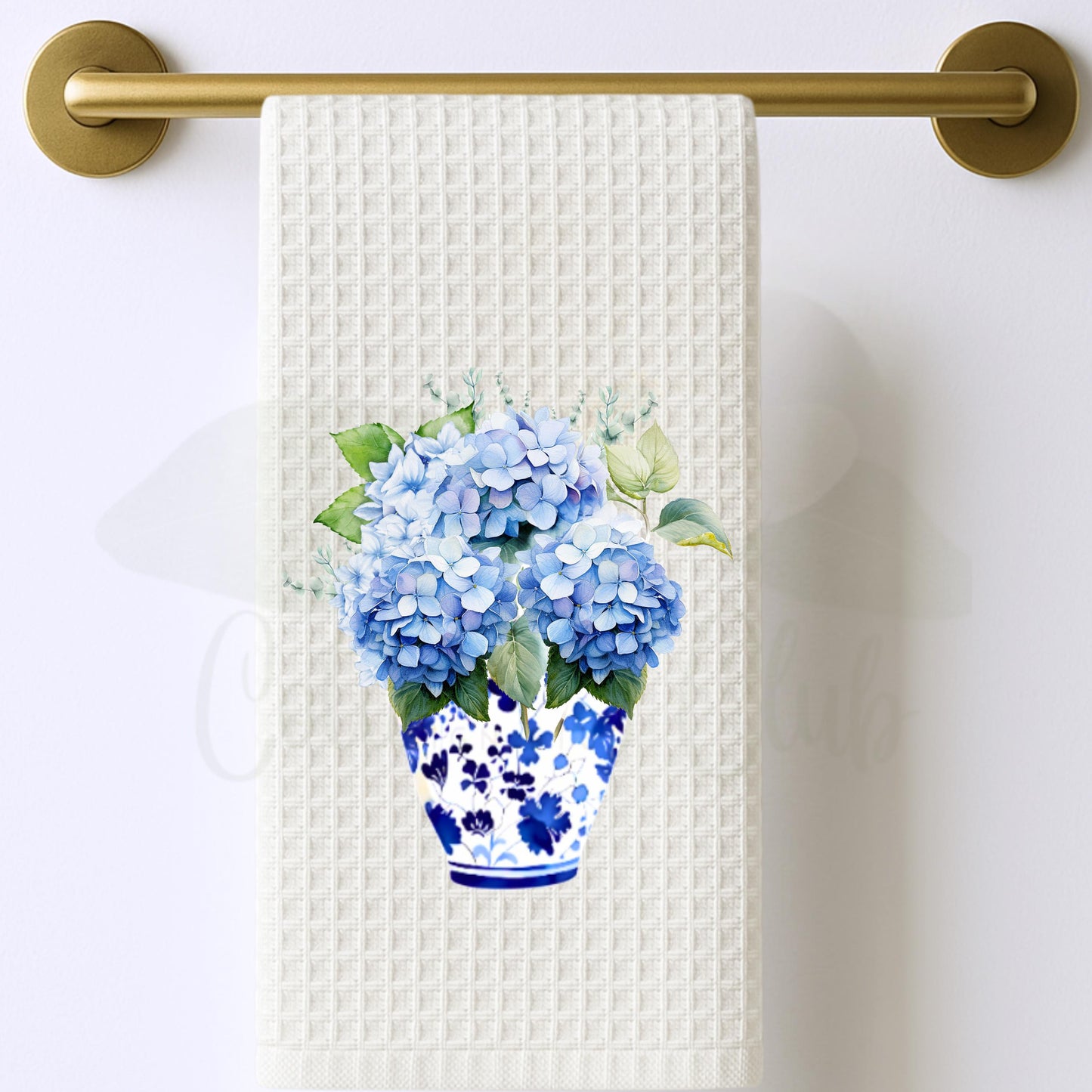 Personalized Hydrangeas In Blue Chinoiserie Vase Tea Dish Hand Kitchen Towel, Floral Kitchen Towel Decor Gift, Hostess Housewarming Gift