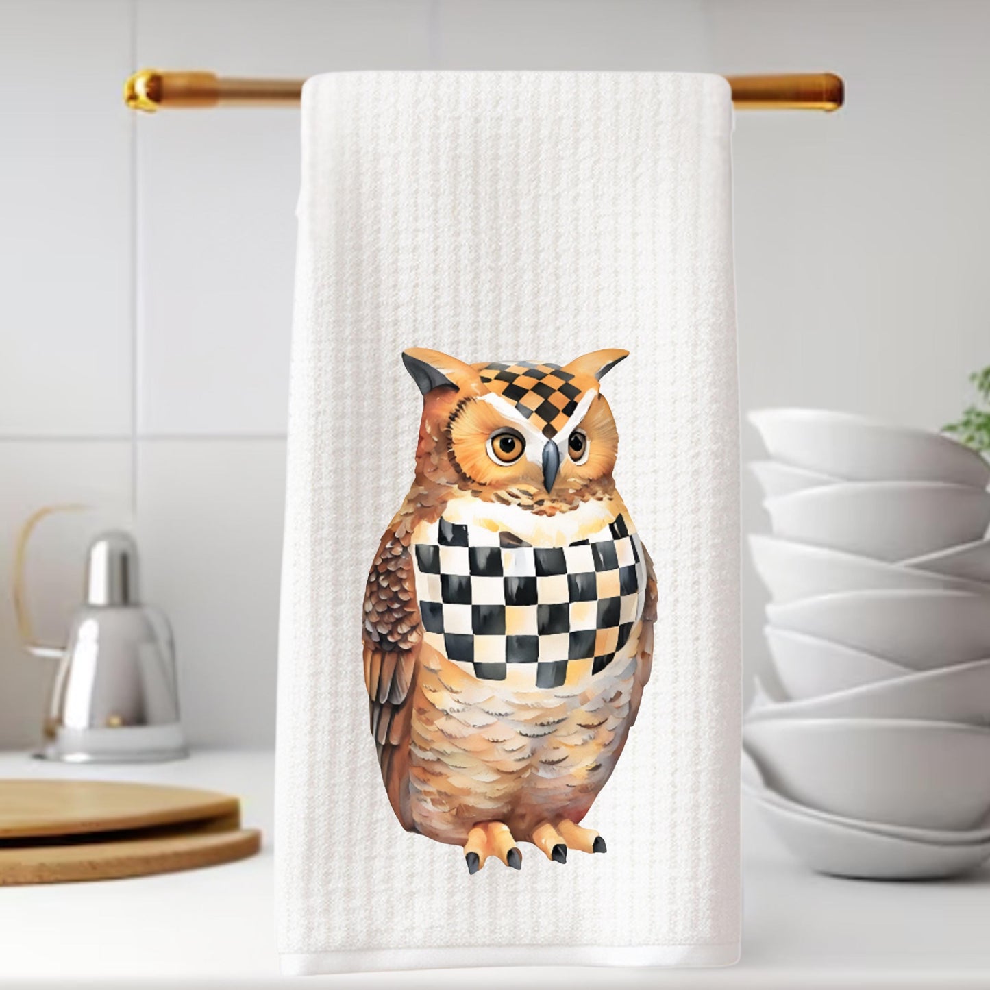 MacKenzie Childs Courtly Check Owl Tea Towel | Custom Kitchen Gift, Decor for her, Hostess, Fall Halloween, Birthday, Unique Gift